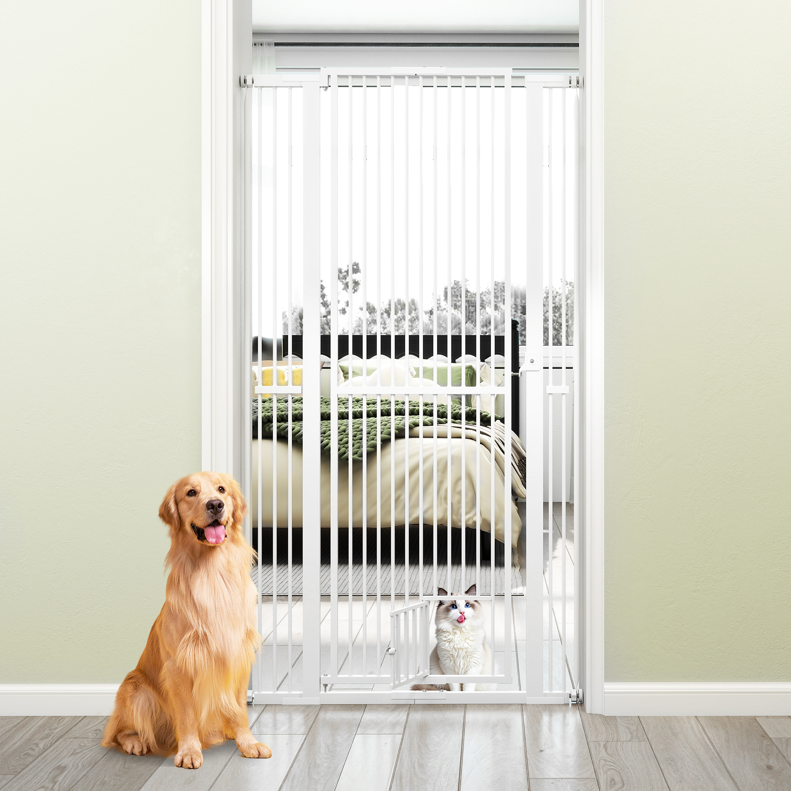 Image of 170 Cm Extra Tall Pet Gate, Heavy-duty Metal Cat Gate W/ 77-104 Cm Wide Opening, 2 Extension Kits, No Drilling Pressure Or Hardware Mounted, 3.5 Cm , Through Gate For Doorway Kitchen
