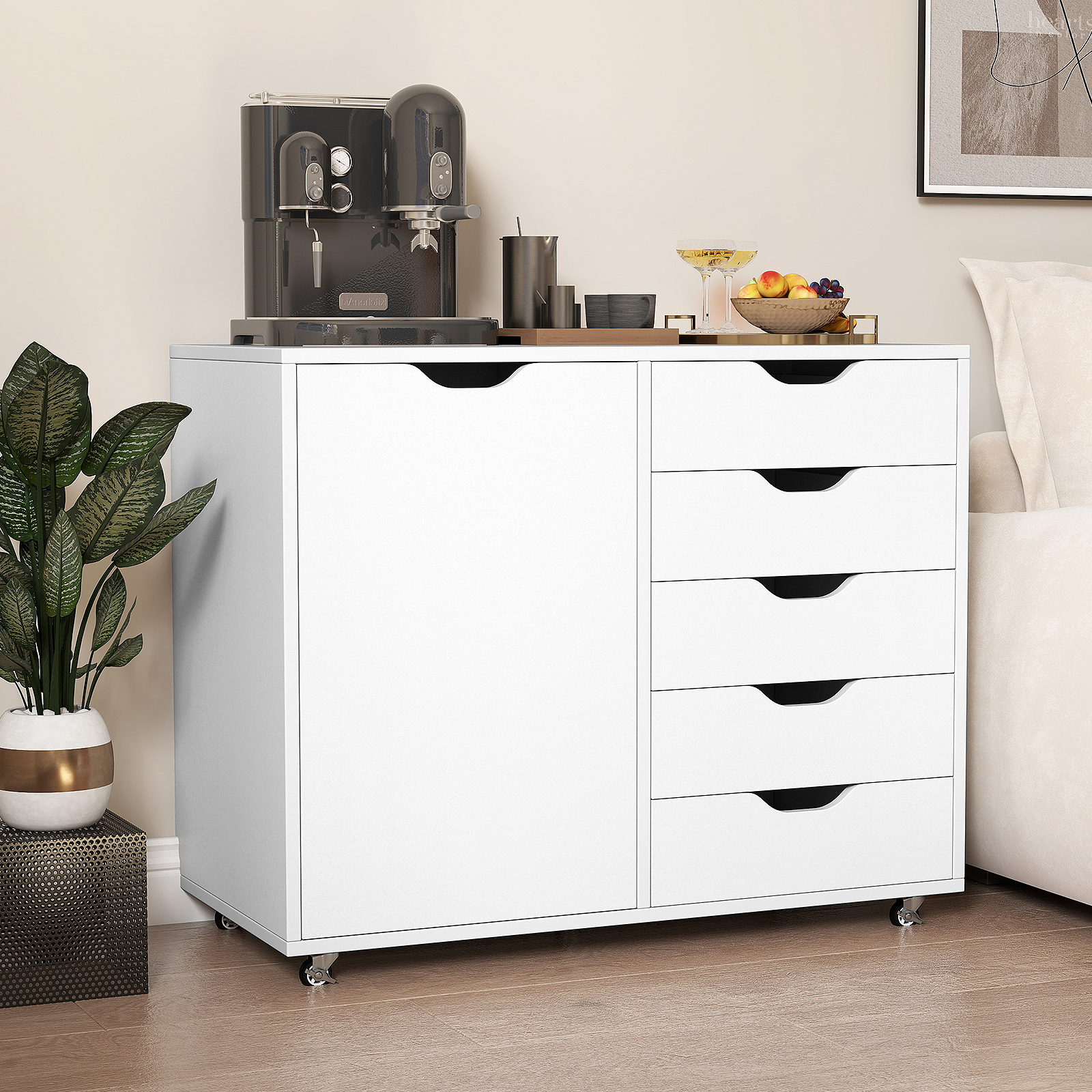 изображение предмета комод с 5 ящиками и дверцей, передвижной комод с регулируемой полкой, роликовая боковая тумба для файлов, подставка для принтера с 5 роликами для домашнего офиса, деревянный вертикальный шкаф для хранения, комод,