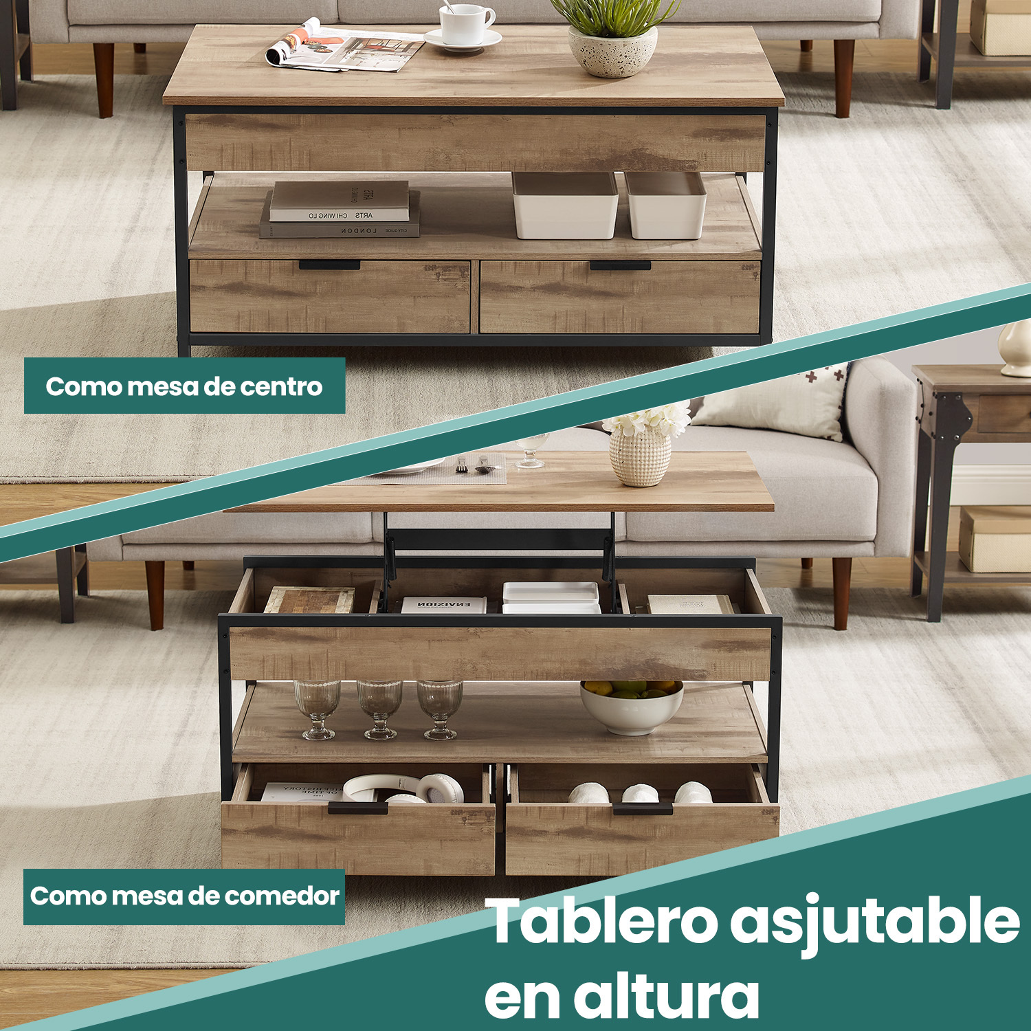 TEMU Elevable, Mesa de , con Cajones, Compartimentos Ocultos y Estante Abierto