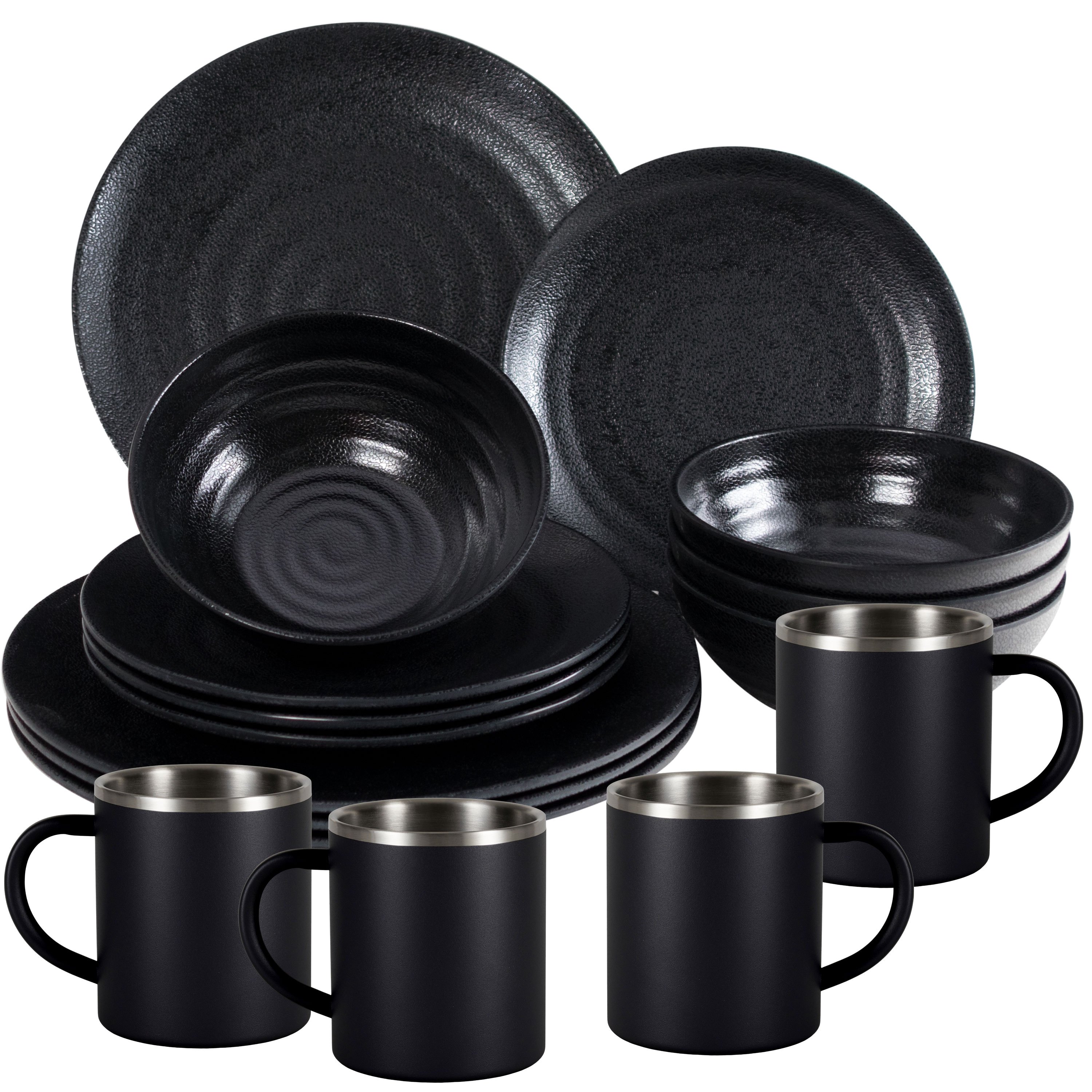 Melamine Dinnerware Set Black For , 16-piece With Stainless Steel Thermo Mugs Double-walled - Dinnerware - Camping Dinnerware, Ideal For Camping, Modern Outdoor Picnic