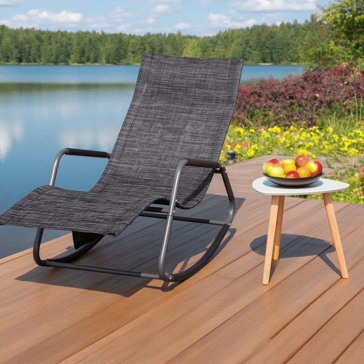 E-shop Outdoor Garten Liegestuhl Longue Schaukelstuhl Entspannen Outdoor mit seitlicher Tasche Sonnenbaden für Terrasse Balkon und Strand Schwarz