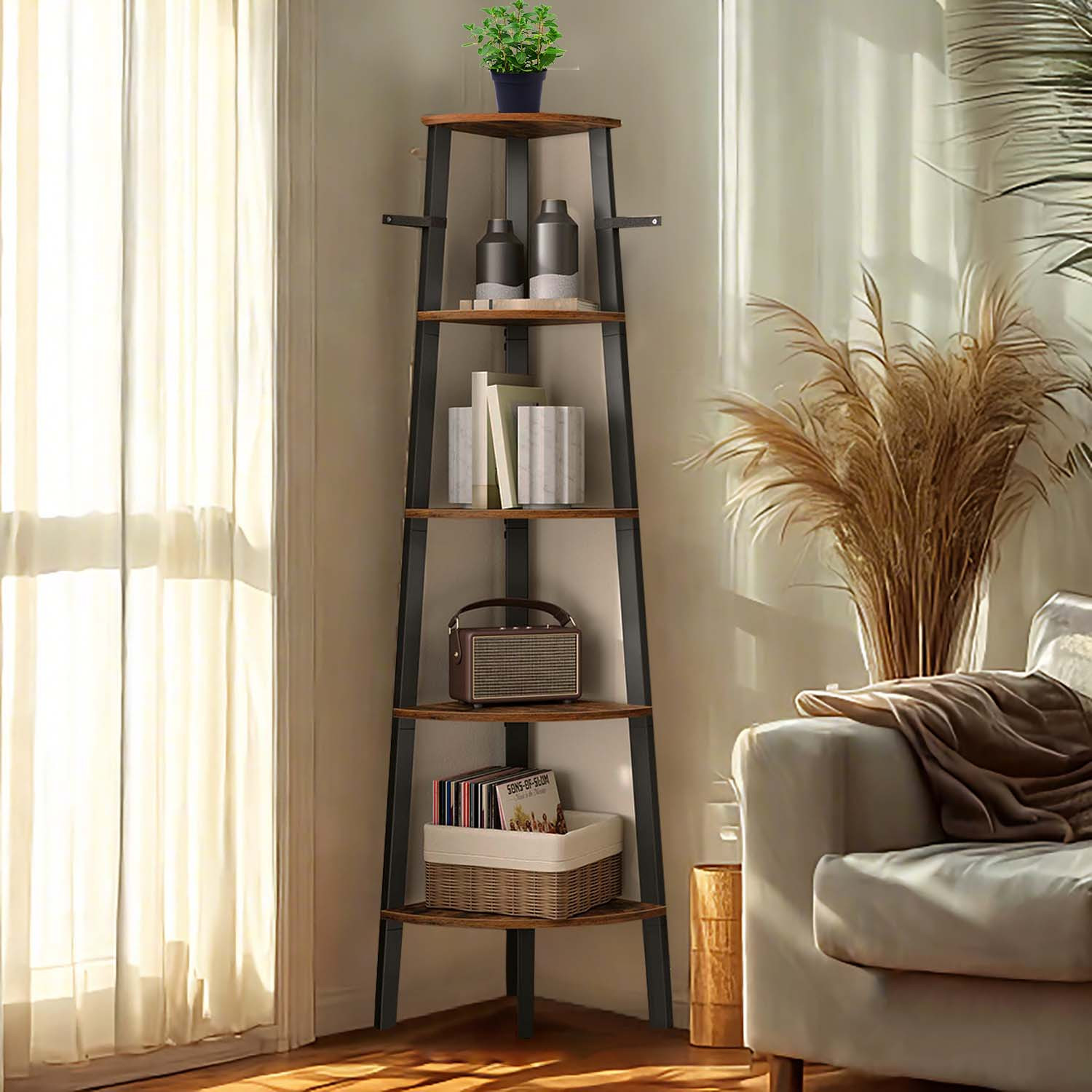 TEMU 5-tier Bookshelf, , Corner Shelving, Industrial Style, For Living Room,