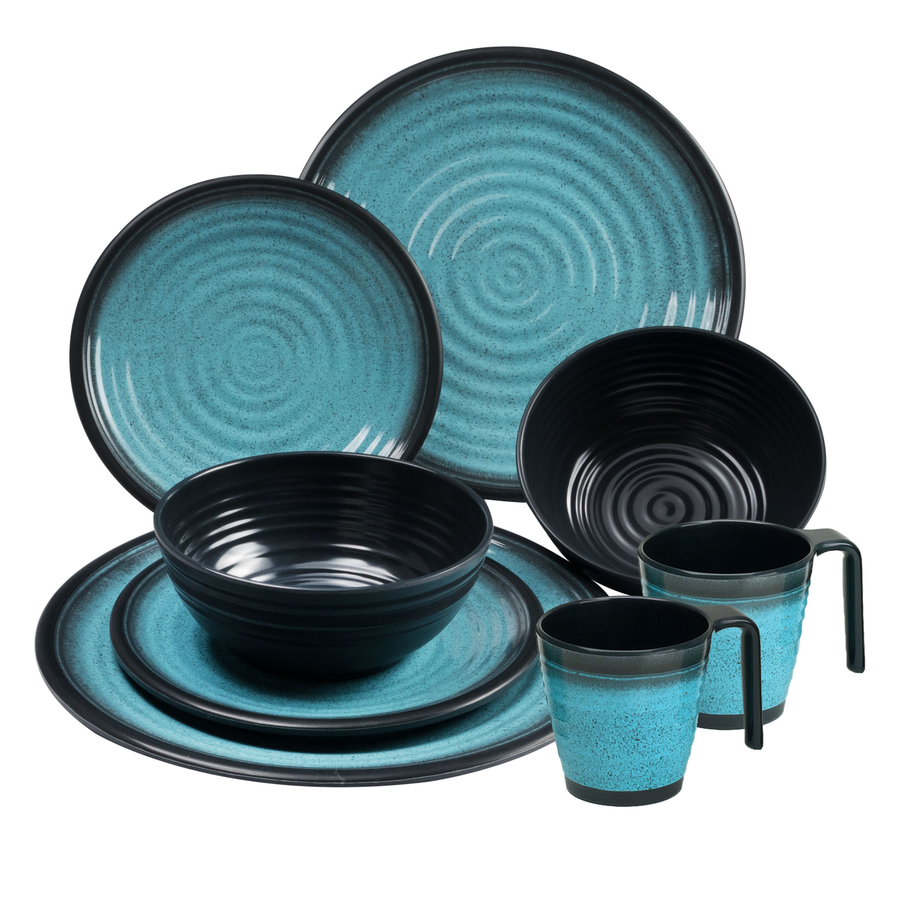 Melamine Camping Dinnerware Set For 2 People - With Plates And Stackable Cups - 8 Pieces - Blue-black Stoneware Look Camping Tableware - Outdoor Dining Set For And Motorhome