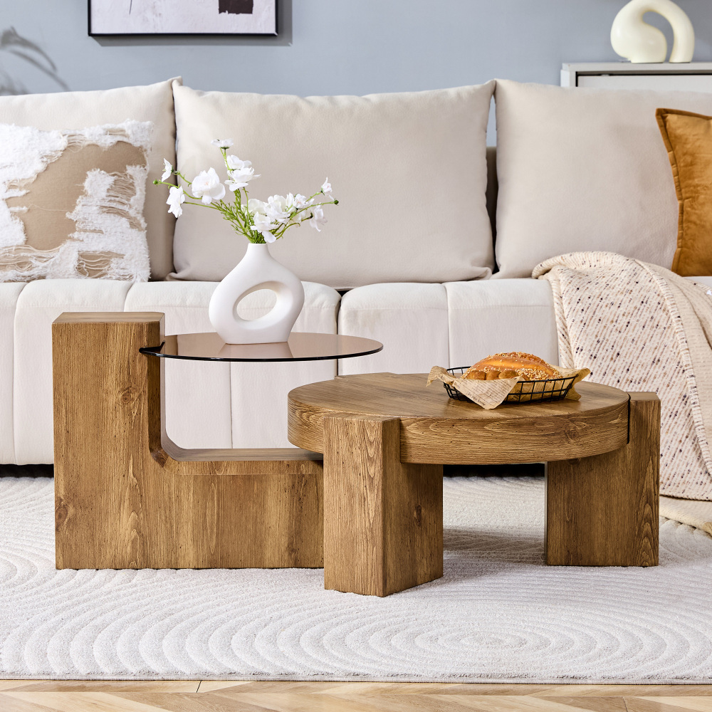 Image of Coffee Table Set 61 Cm + 44 Cm - Brown Safety Glass,wood Optic, L-shaped Legs - For Living Room