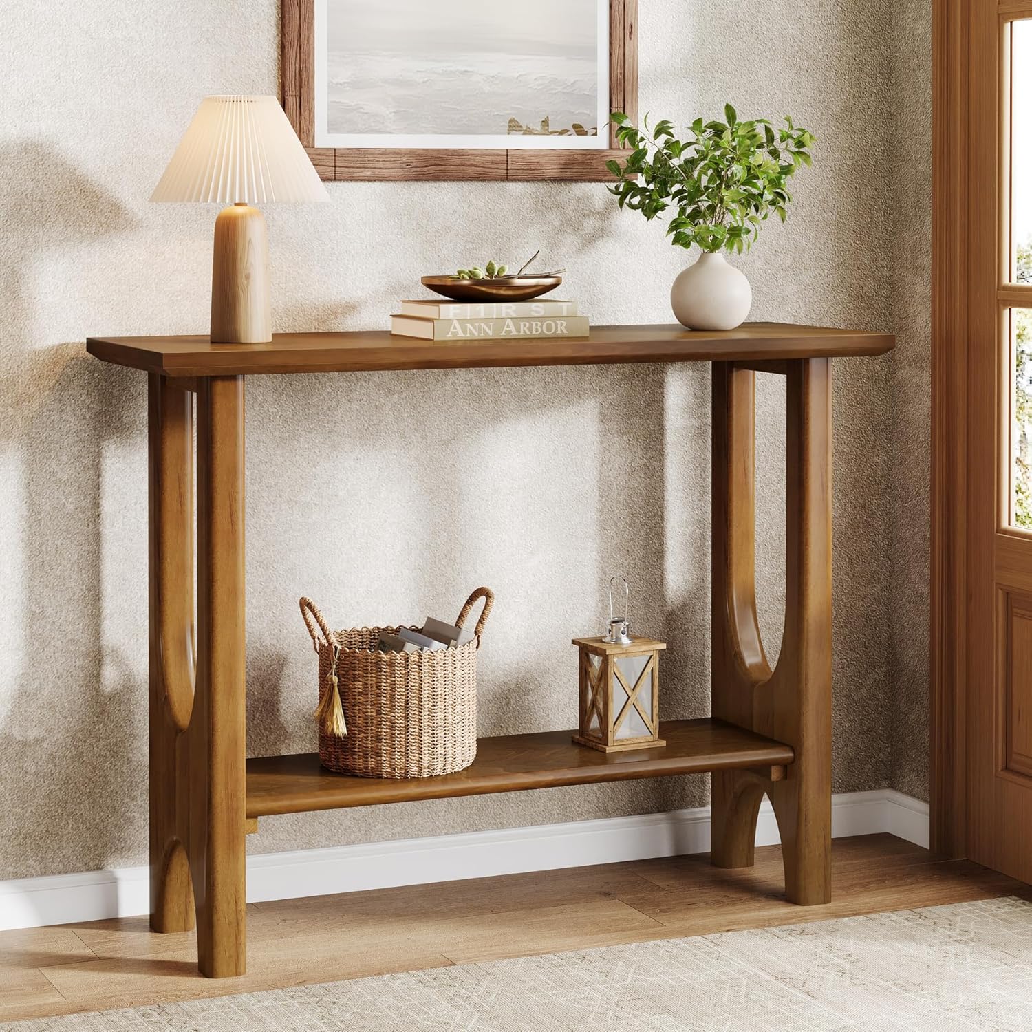 Vintage 105 Cm Entrance Table With Shelf, Modern 2-tier Console Table With Solid Wood Legs For Living Room, Hallway, Foyer, Easy Assembly, Light Walnut, 1pc