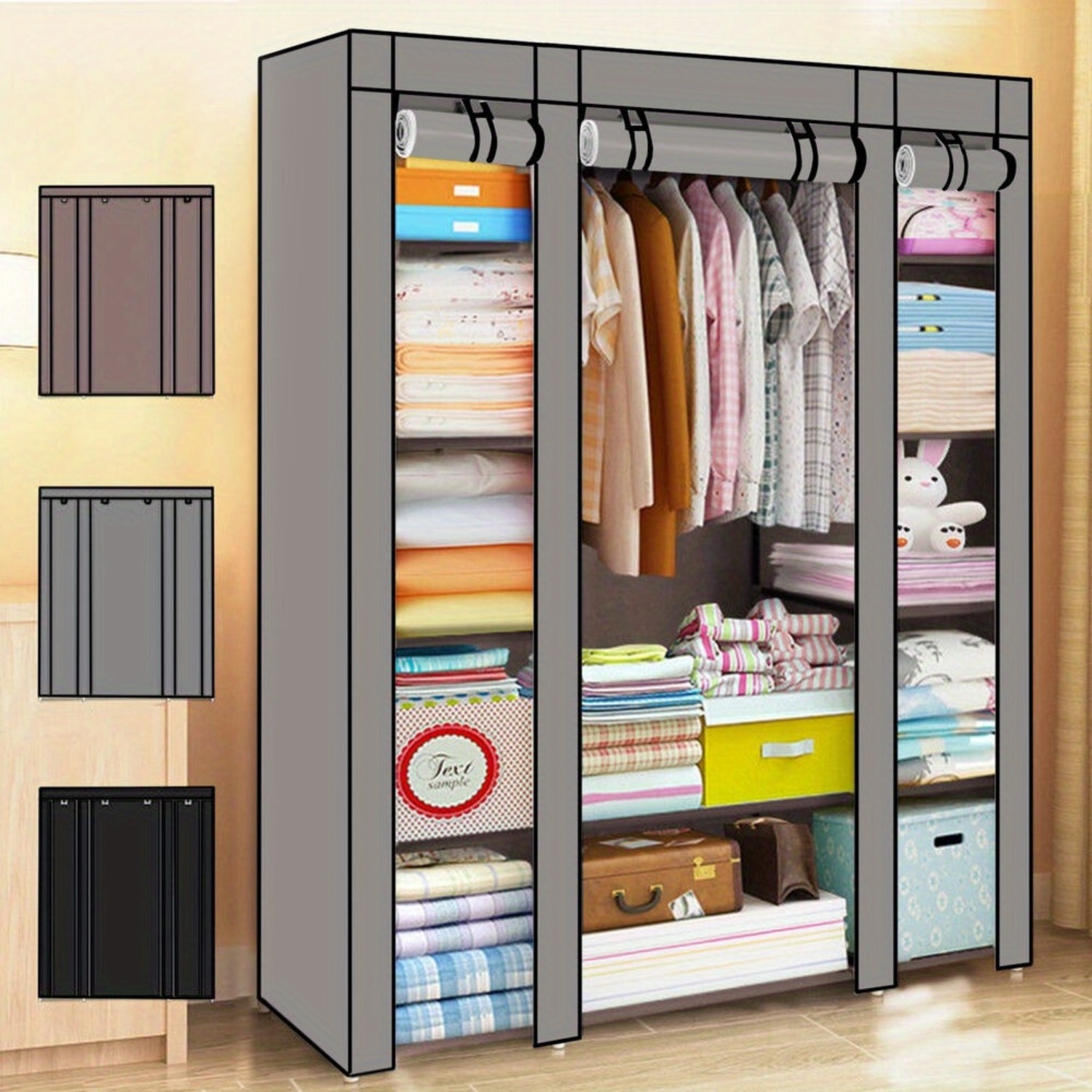 TEMU Wardrobe Organiser Large Foldable Closet Storage Oranisers 68x18.5x53 Inch (hxdxw), Canvas Clothes Shelves With Metal Rail Portable Furniture