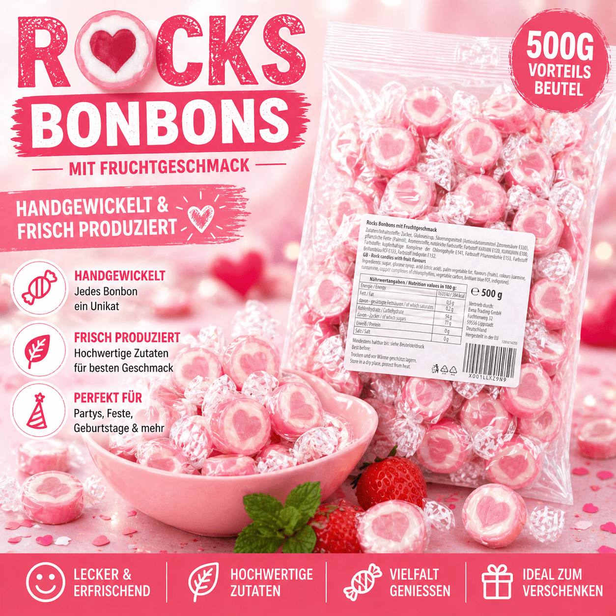 TEMU Herzbonbons zu Hochzeit Taufe Kommunion 500g Großpackung - handgewickelte Rocks-Bonbons mit Herz - Tischdeko, Nascherei, Gastgeschenke zur Deko,