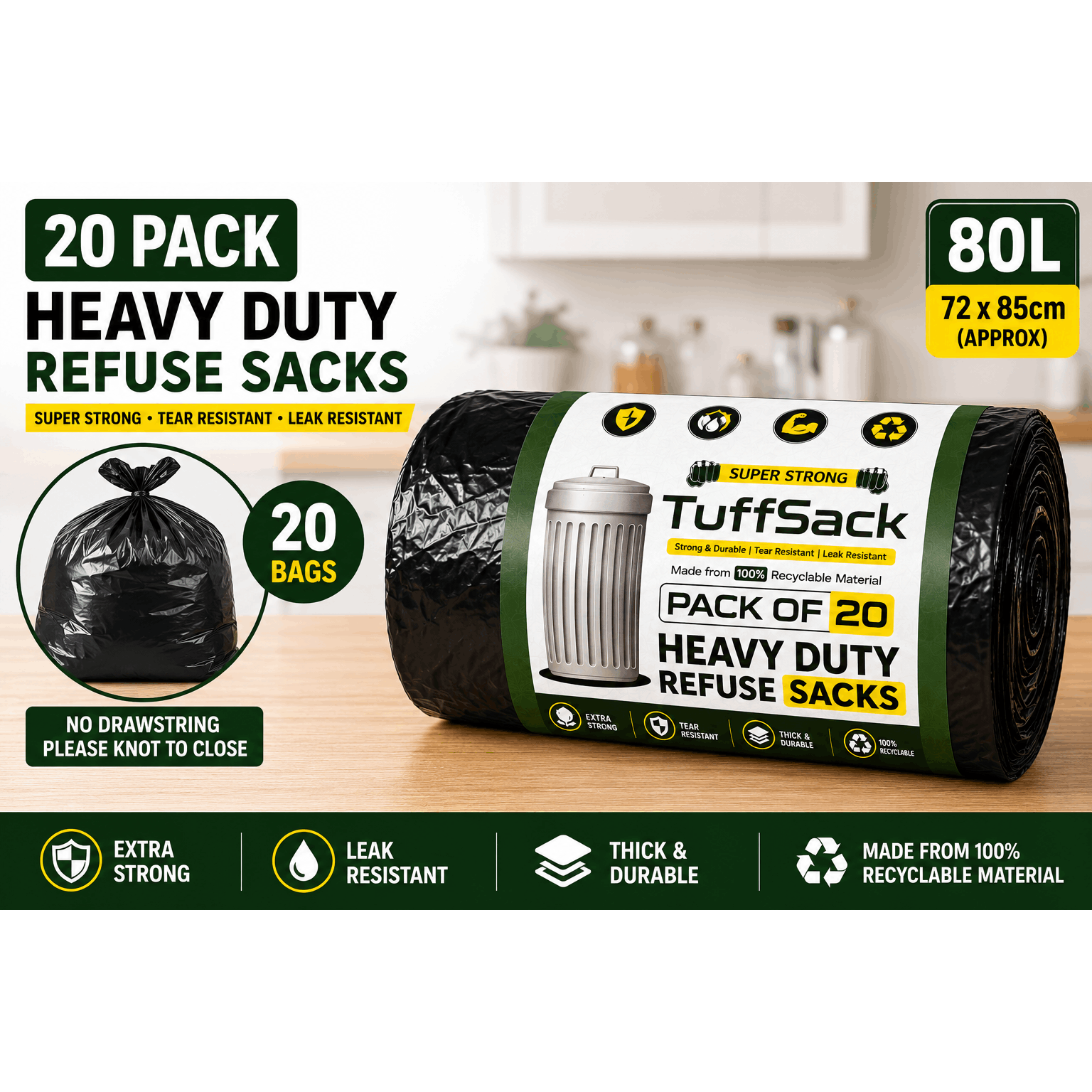 Heavy Duty Black   Sacks 72 x 85cm 80L – Choose 20 Pack or 50 Pack, Strong Tear Resistant Bin Bags