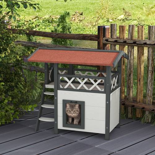casa para gatos de madera 77x50x73 cm para gatos de 2 niveles para gatos con techo asfaltico escalera y balcon para exterior