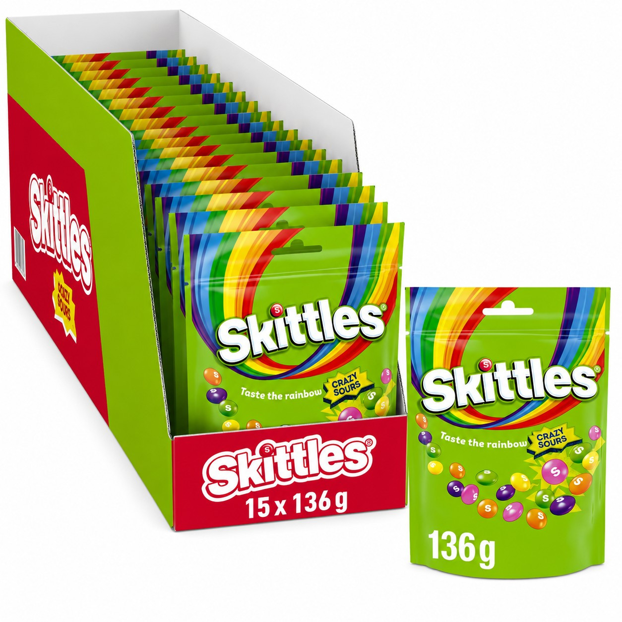 Image of Skittles Crazy Sours Chocolates – Sour Vegan Fruit Chocolates With Sugar Coating – 15pcs Pack, 15 X 136 G