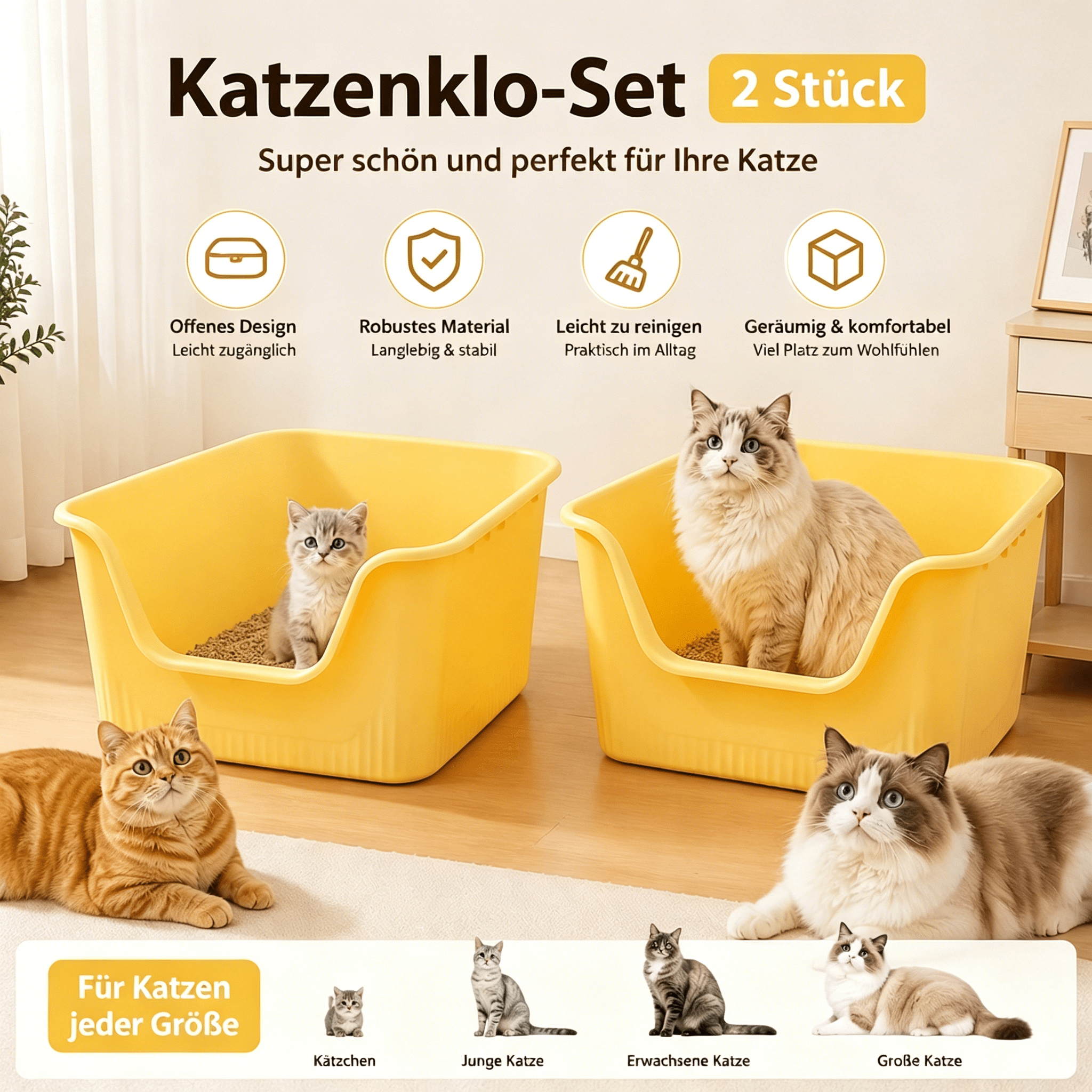 For Large Cats & Multi-cat Households|2pcs Set Xxl Cat Litter Box | With High Rim | Plastic