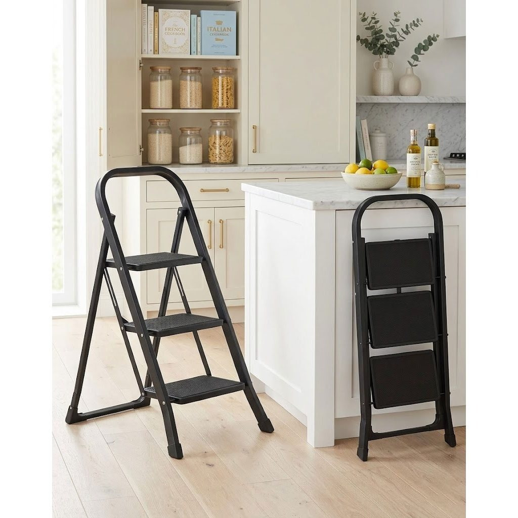 TEMU a 3 , Black , sgabello pieghevole con pedale largo antiscivolo, piedini antiscivolo, telaio in acciaio verniciato portata 150 Kg