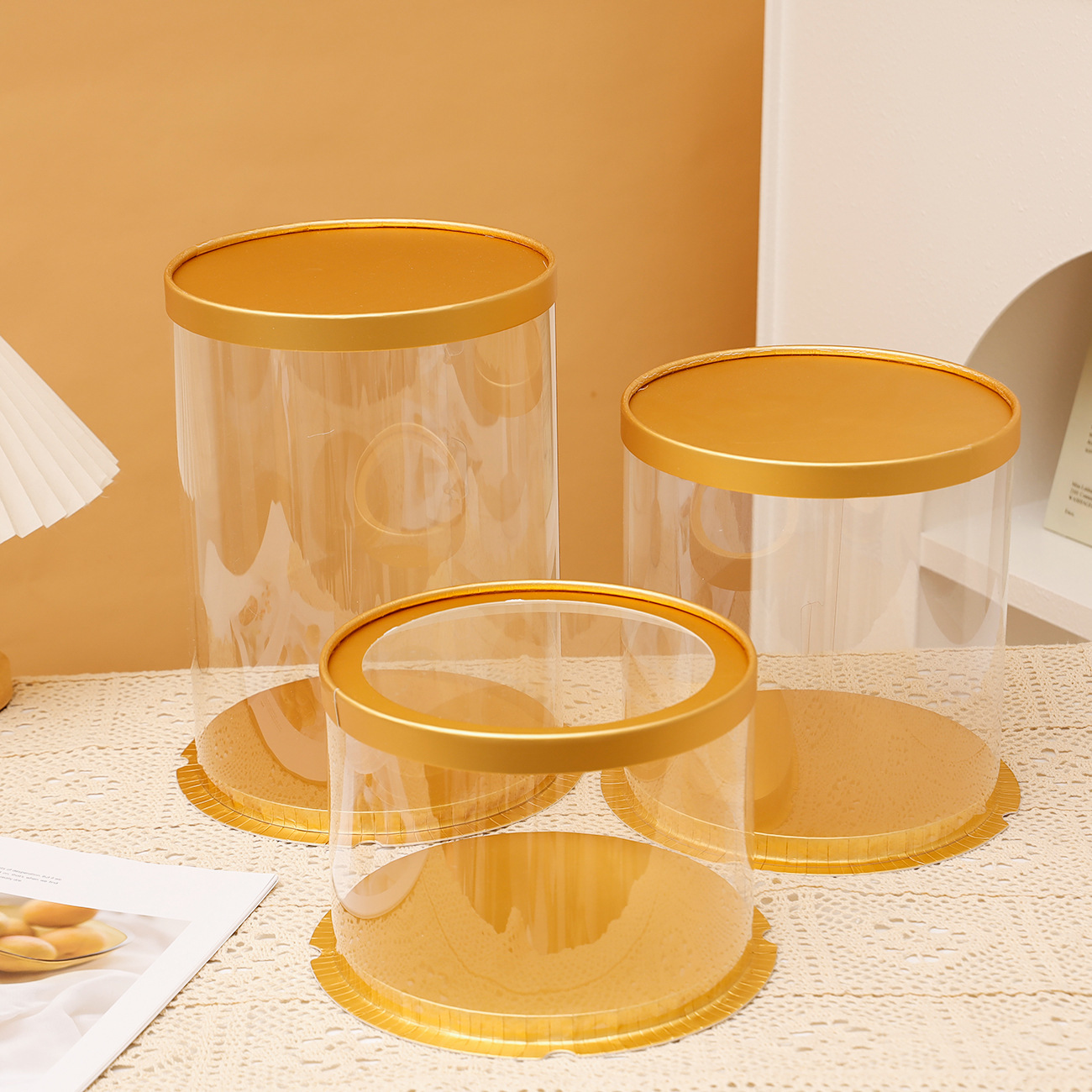 Image of Round Transparent Boxes Set Of 3, Ø18cm H16/21/28cm, Pvc Box With Gold Lid, Elegant Cylindrical Container, Luxury Gift Box, Packaging For Party, Wedding, Birthday, Celebration, Decoration