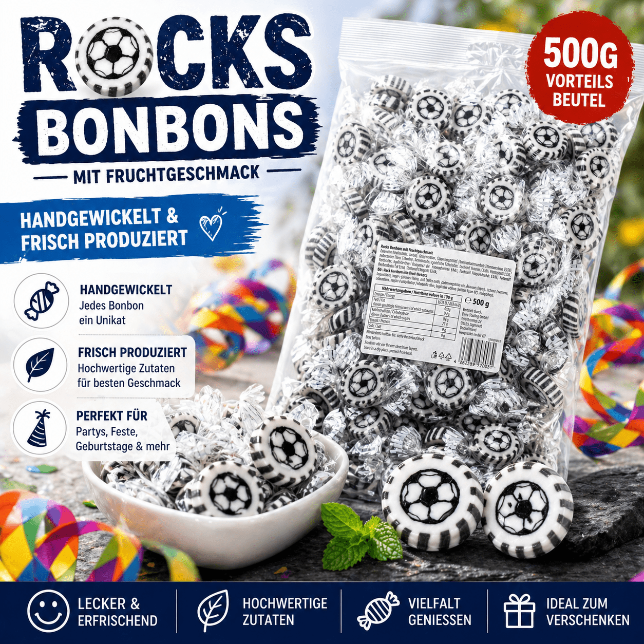 Image of Football Candies For Children's Birthday, Football Party 500g - Hand-wrapped Rock Candy With Football - Table Decoration Treat Favor (black, White) - Football World Cup