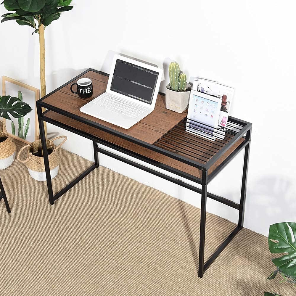 TEMU BAKAJI Scrivania Salvaspazio, Tavolo da Lavoro Porta Pc Computer Piano in Legno MDF con Struttura in Metallo e Rastrelliera Porta Documenti