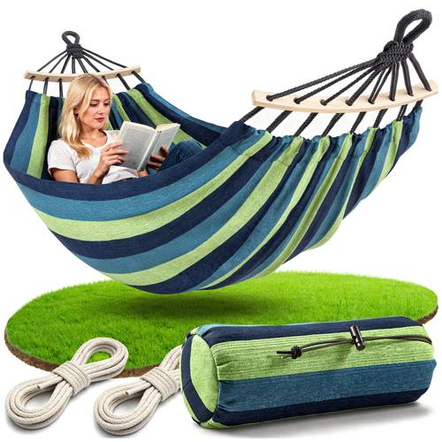 two person garden hammock made from strong and breathable material with a and a storage bag relaxing on or while camping comfortable durable and easy to assemble