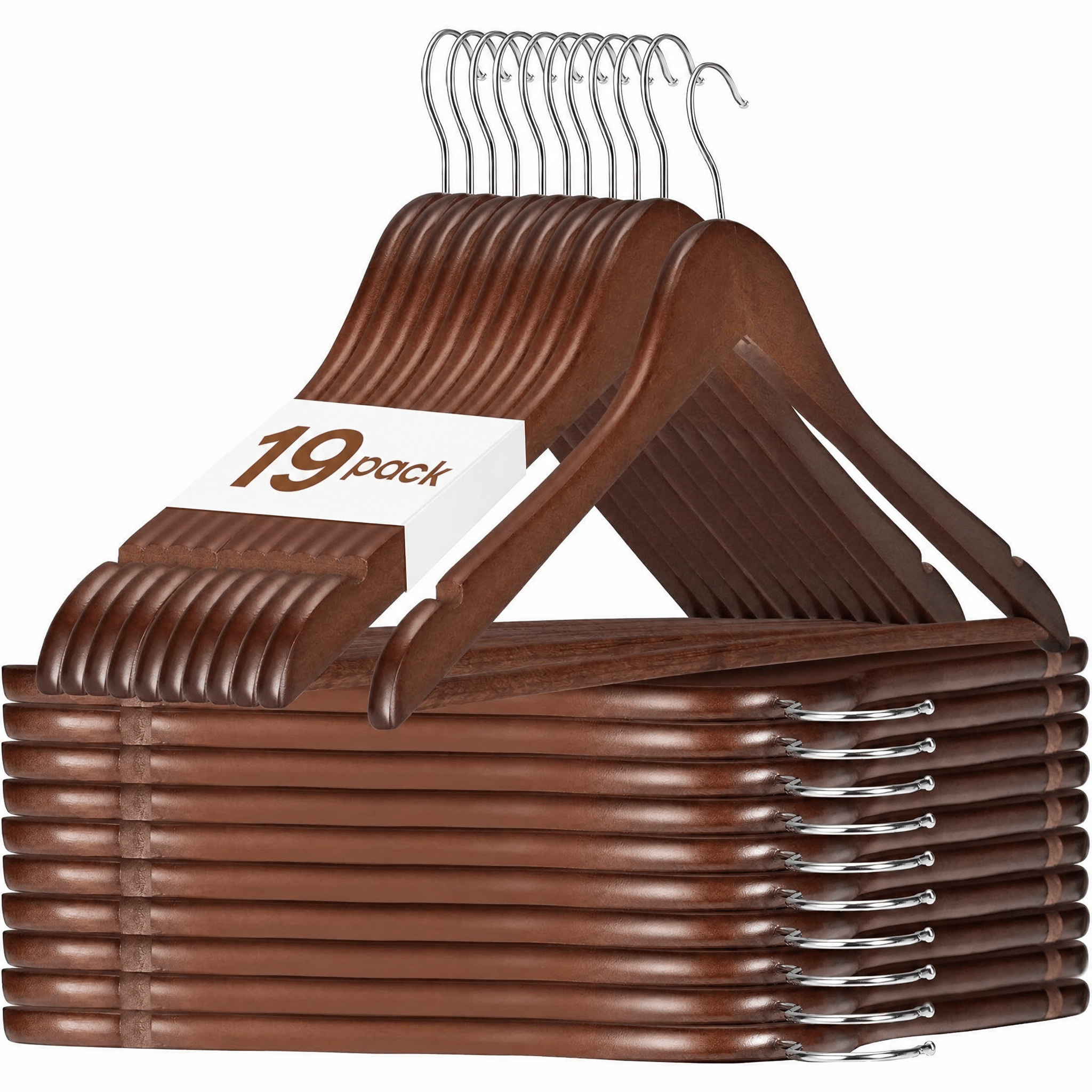 Image of Wooden Walnut Clothes Hangers, 19-piece Set, Sturdy Rotatable Hangers For Jackets And Suits, Wide 44.5cm, Made Of Natural Wood