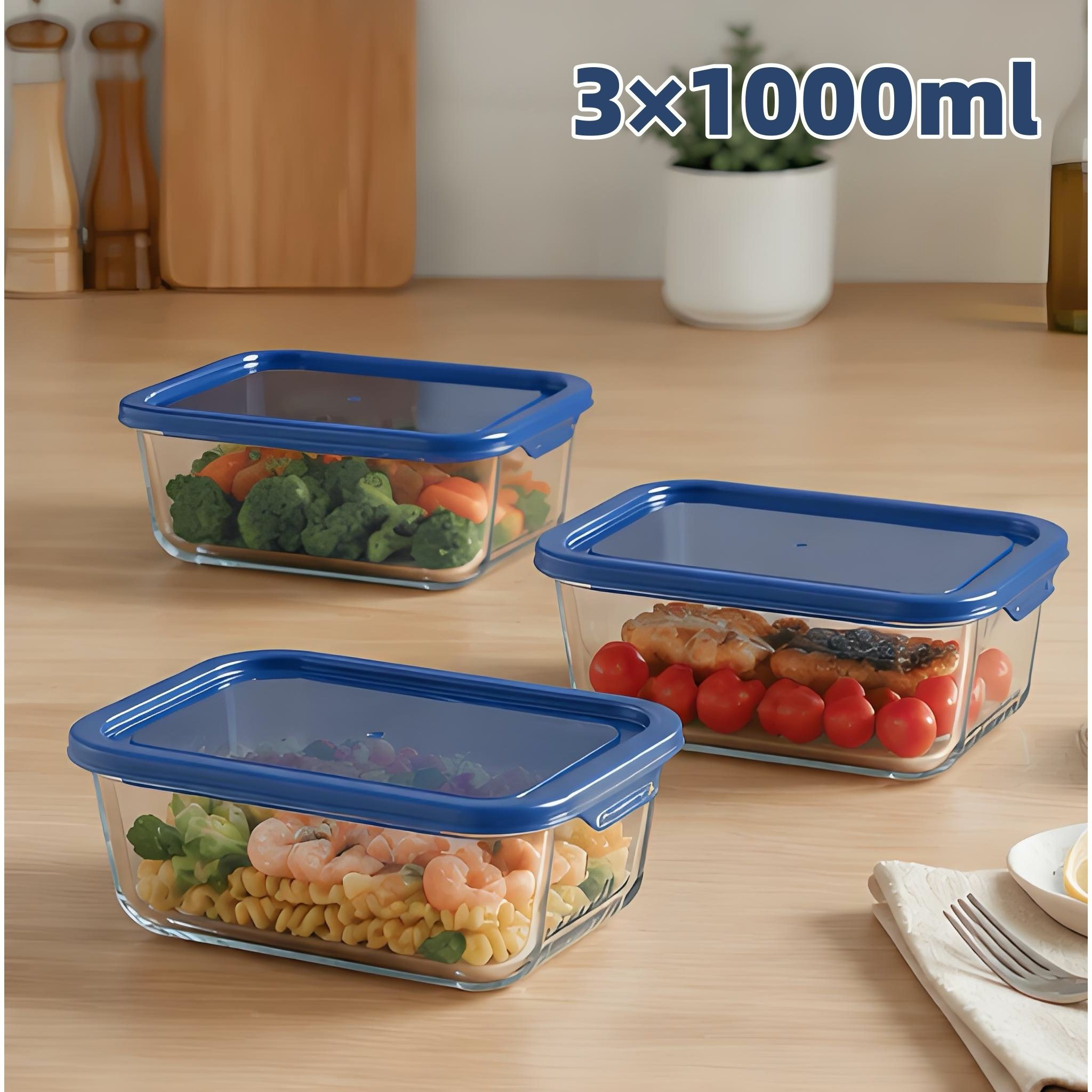 TEMU 3 Unidades Recipiente de Vidrio 1000ml Hermético con | Contenedor de Alimentos con Cierre, Resistente a Temperaturas, para Microondas, Horno,