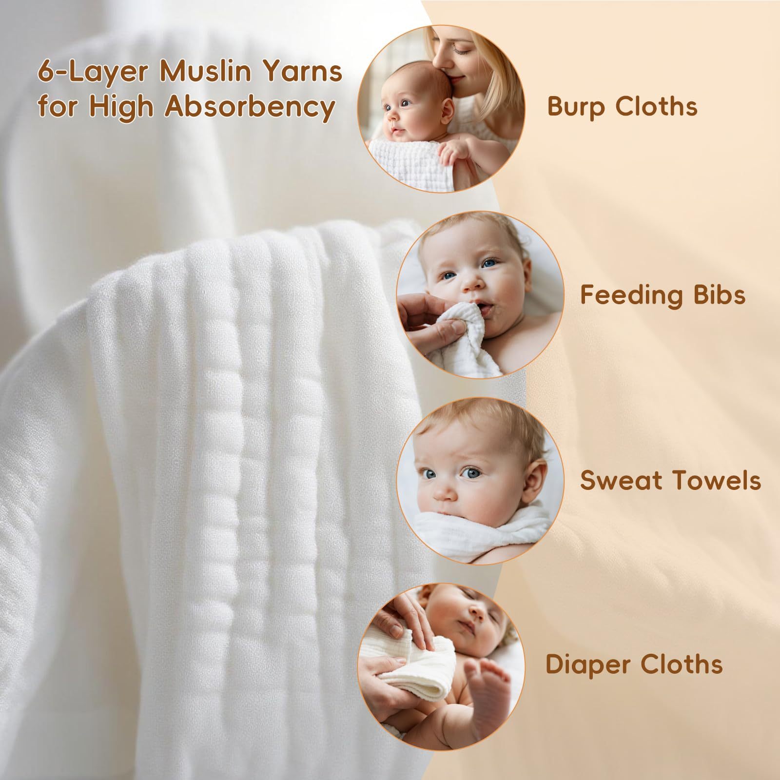 6 Pack Baby Muslin Squares 100% Cotton Cloths