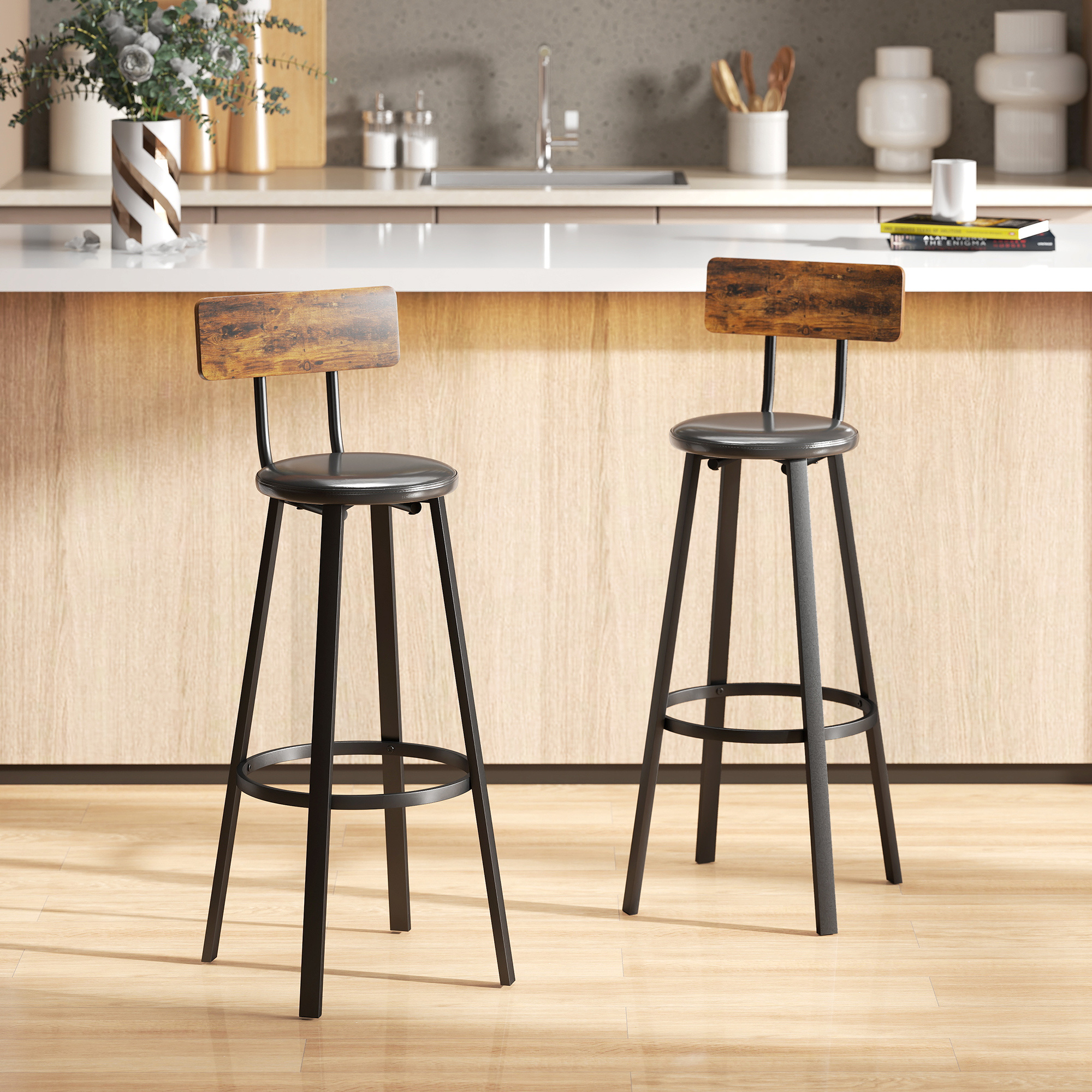 Image of Bar Stool 2pcs Set Counter Stool With Footrest, Backrest, 75.5 Cm Seat Height Kitchen Chairs With Metal Frame, Made Of Artificial Leather For Kitchen, Dining Room & Bar Rustic Brown