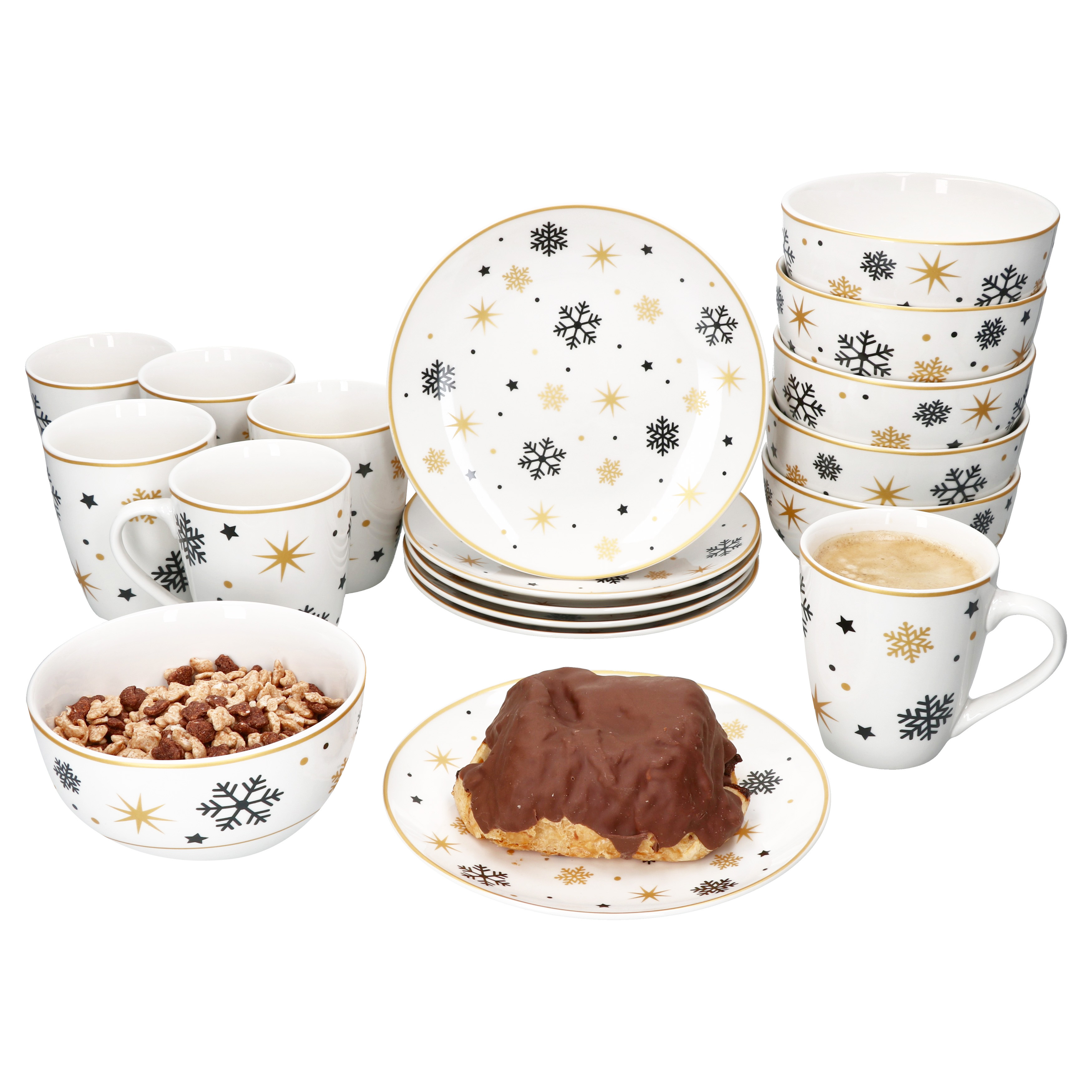 Image of 18-piece Breakfast Set, Black And Gold Stars, Stoneware, For 6 People, Plates, Bowls, And Cups