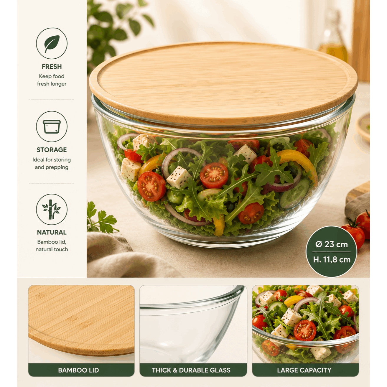 TEMU Glass Salad Bowl With Bamboo Lid Ø23 Cm – Large Storage Bowl For Salads, Fruits, And Preparations