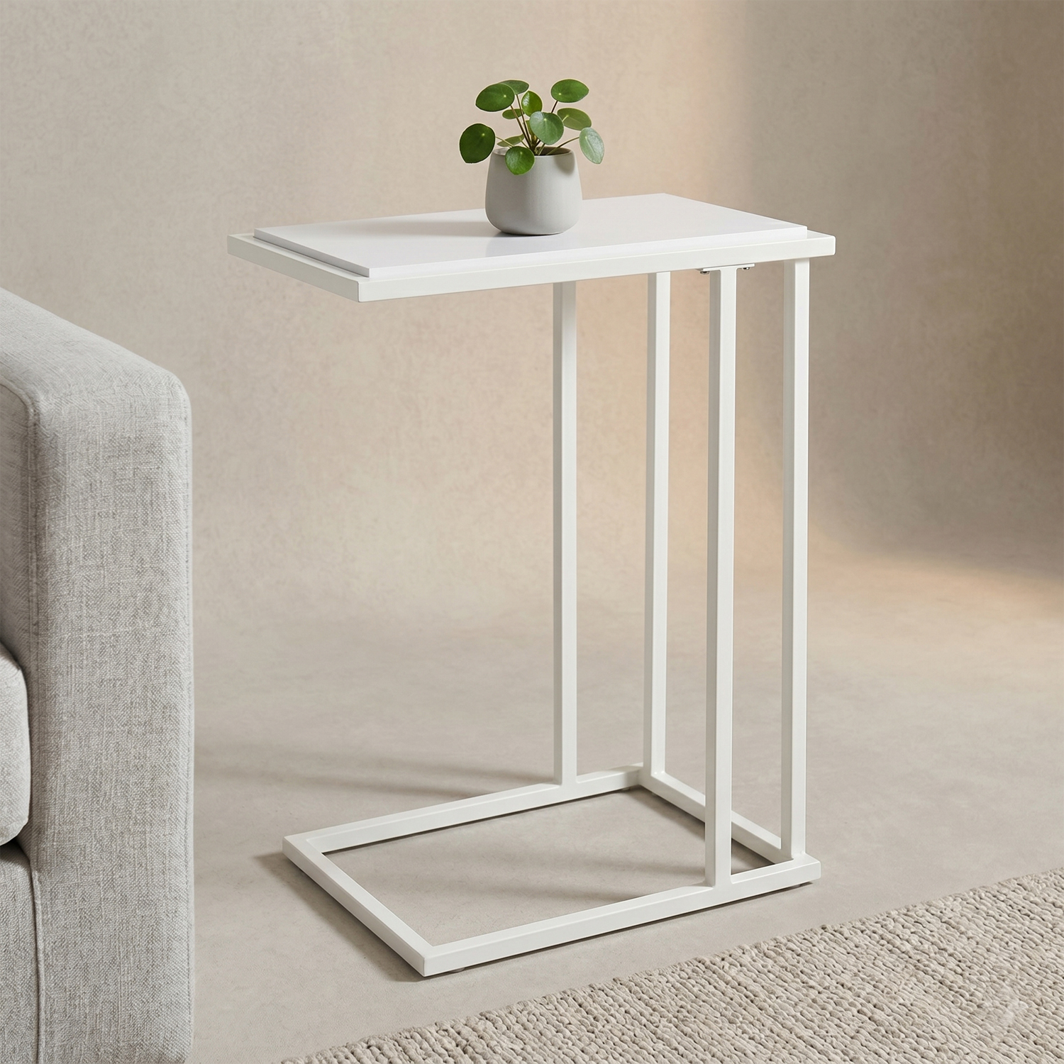 Side Table White [40x30x60cm] Stable & Slim • Narrow Laptop Table Couch • Bedside Table Bed • Metal Frame White Powder Coated • White Table Top • • 60cm High