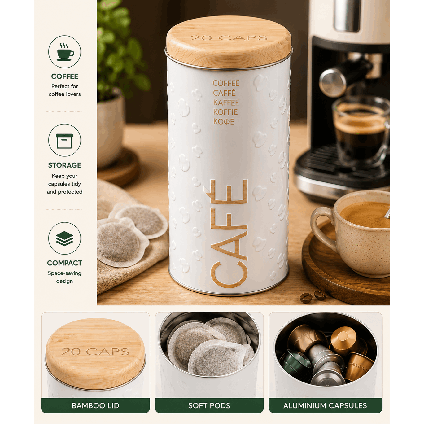 Scandinavian Coffee Capsule Box - White, H 17.5 Cm, 20 Pod Capacity - For Kitchen Storage, Dispenser
