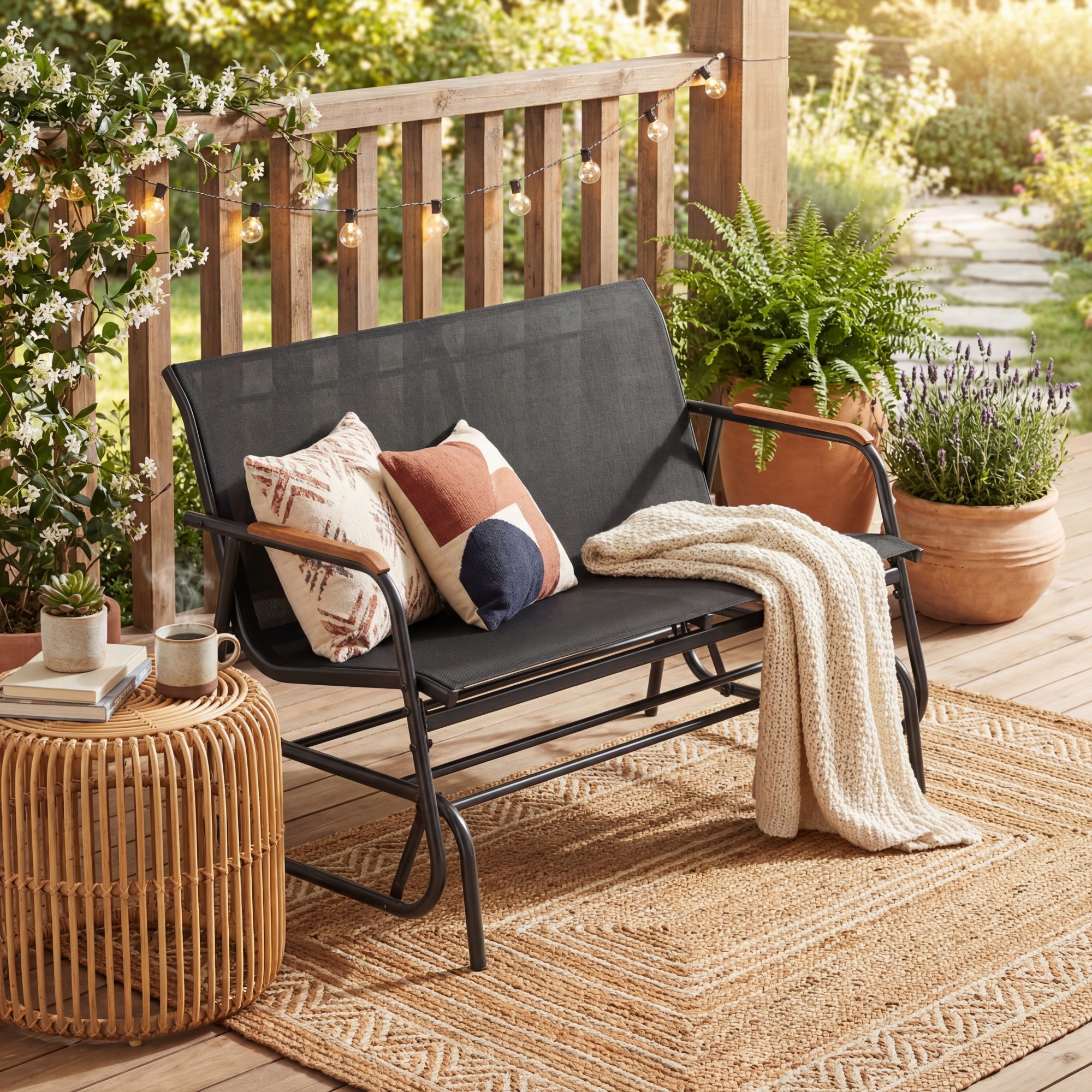 Image of Patio Glider Bench For 2, Swing Gliding Loveseat W/ Curved Teak Armrests & Breathable Fabric Seat, Outdoor Metal Frame Rocking Chair For Porch, Backyard, Poolside