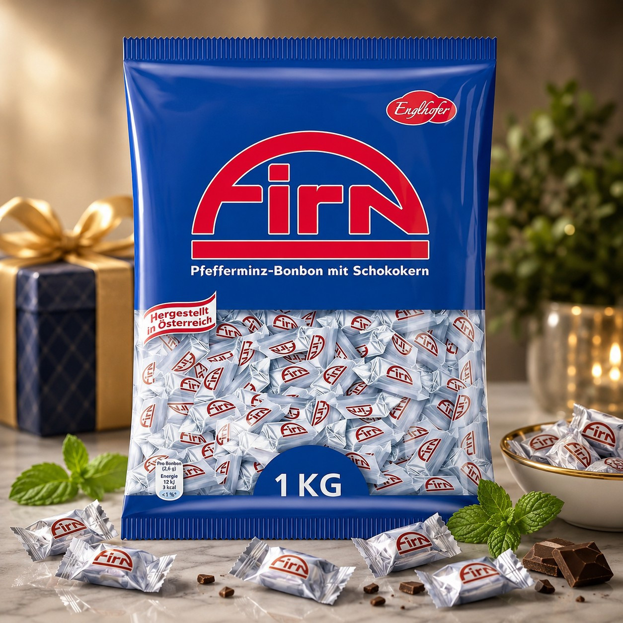 Image of Englhofer Firn – Refreshing Peppermint Bonbons With Chocolate Core – Classic Hard Caramels Cooling & Melting Softly – 1kg Bag