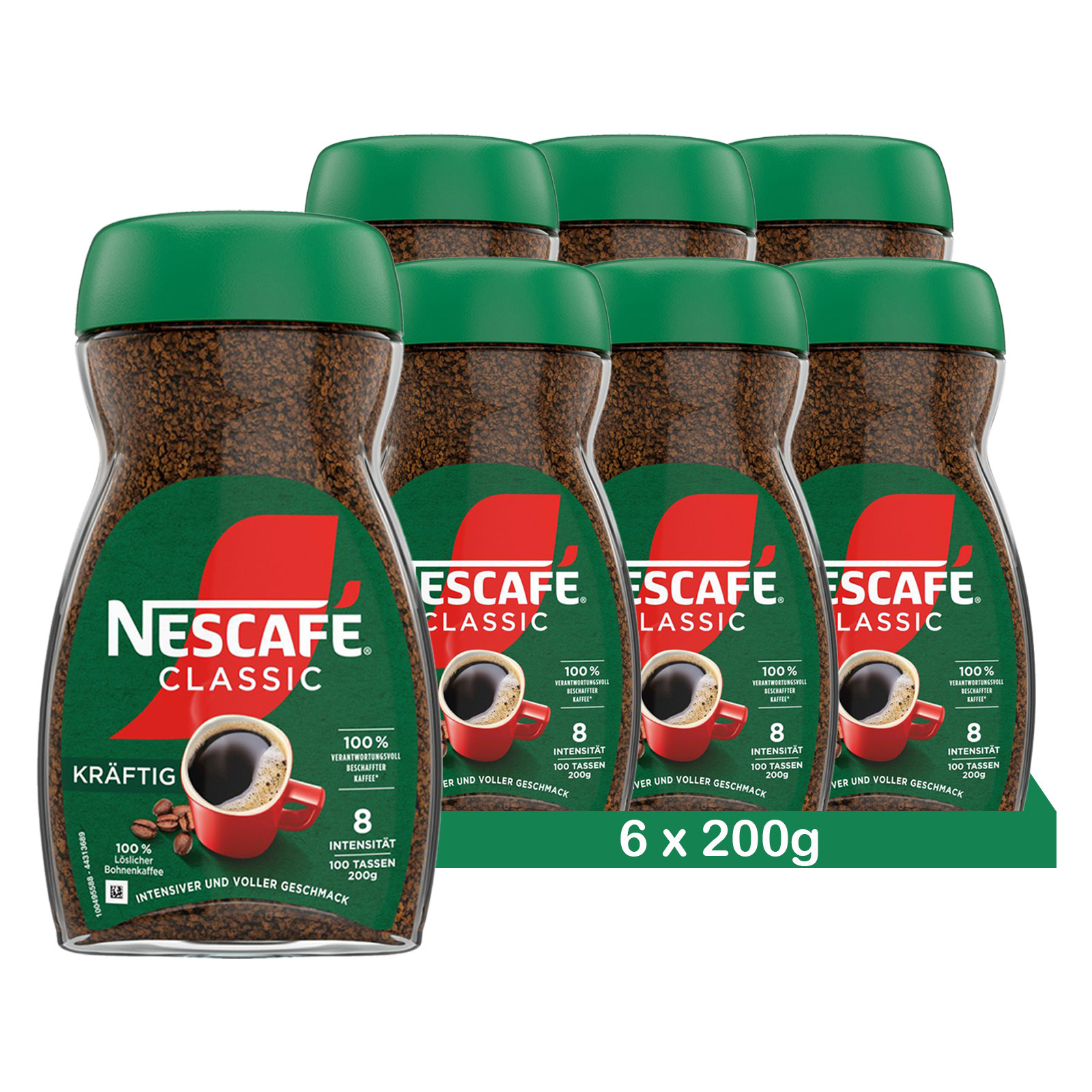 Image of Nescafé Classic Strong, Instant Bean Coffee From Dark Roasted Coffee Beans, 6 Jars (6x200g)