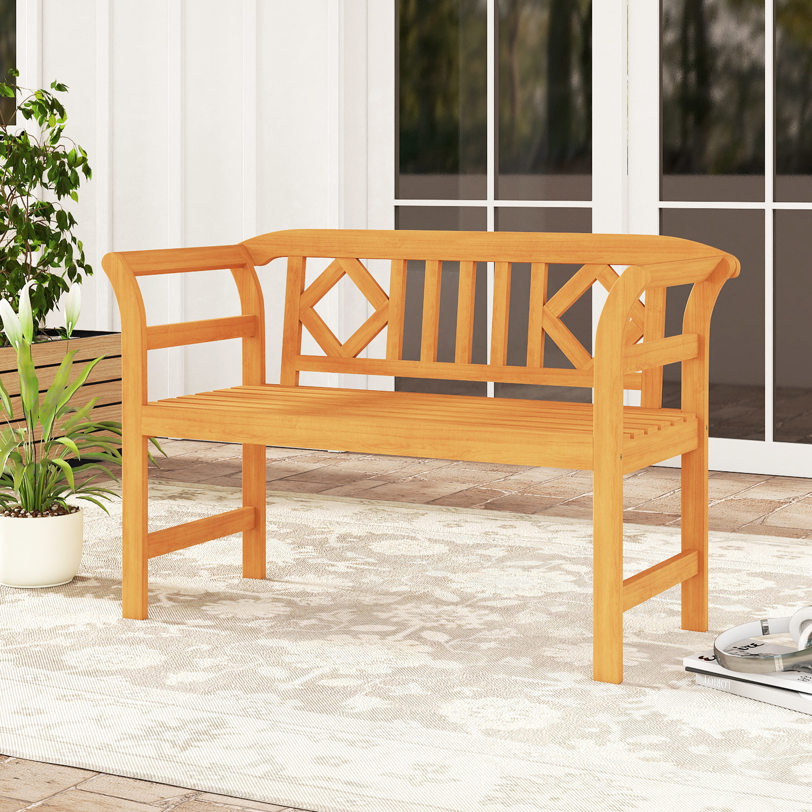 Image of Outdoor Bench, Acacia Wood 2-person Patio Loveseat With Backrest And Armrests, Garden Bench For Porch, Backyard, Lawn And Poolside, 800 Lbs Weight Capacity