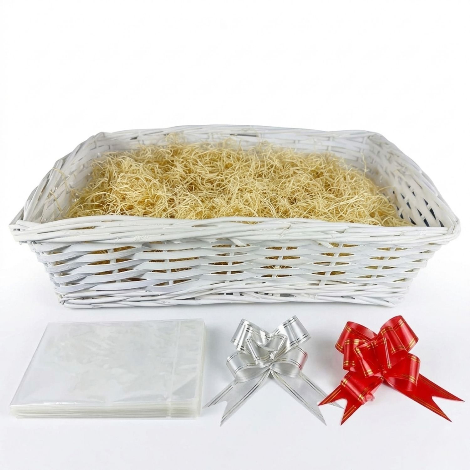 TEMU Alaystar White Rectangle Wicker Gift Basket Hamper Kit Create Your Own Diy Present Set With Extra Large Clear Cellophane Wrap Natural Wood Wool