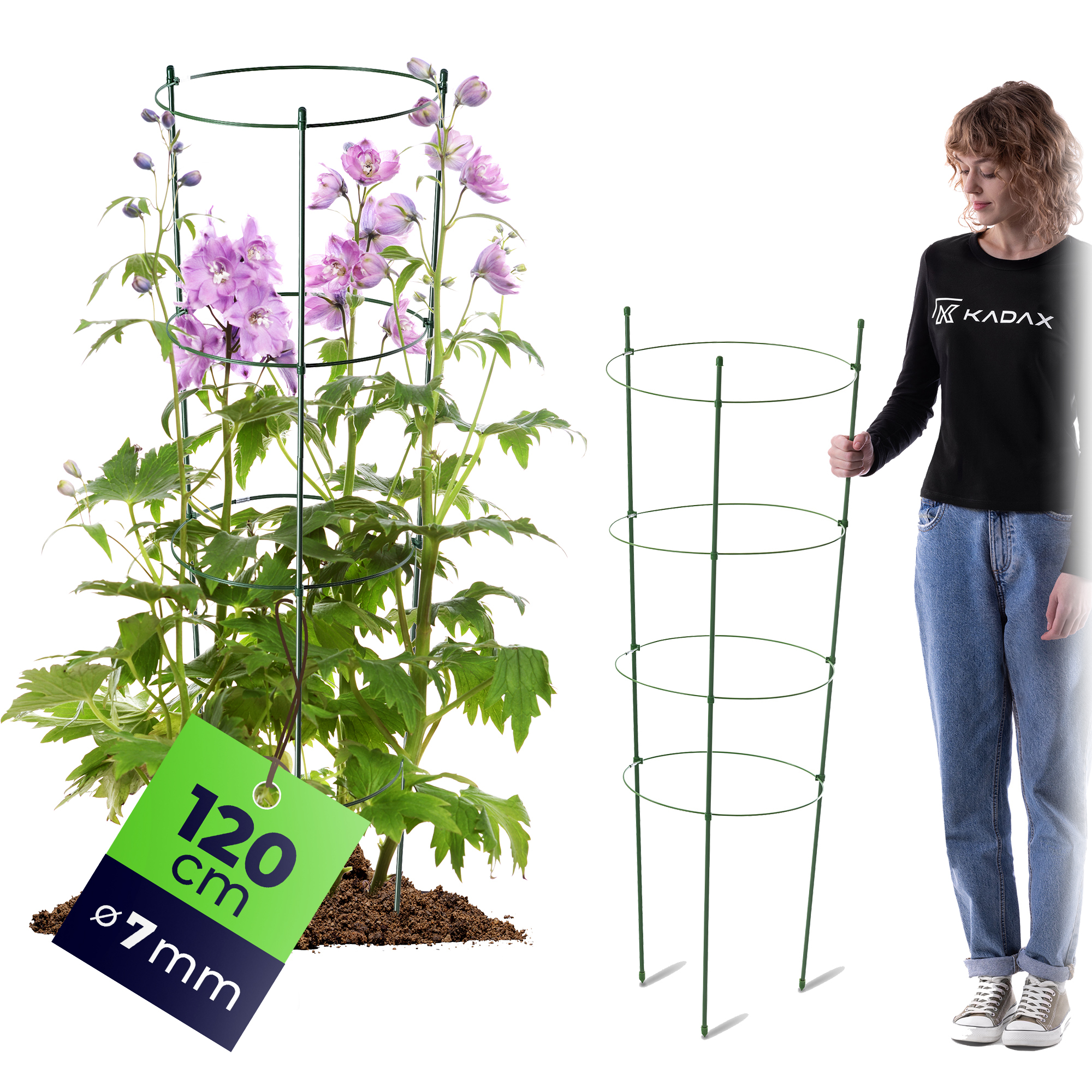   podpora do roślin 120 cm, stalowy stelaż, uchwyt do kwiatów, zielona tyczka ogrodowa, regulowane pierścienie, 1 szt.