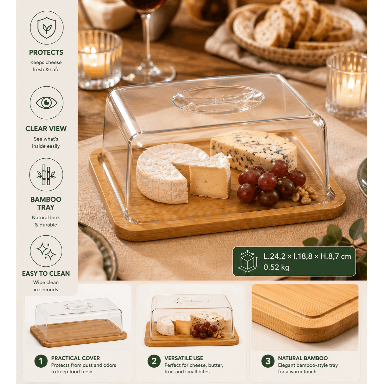 TEMU Scatola per formaggio con cupola e vassoio in bamb羅 �� Vassoio per presentazione e conservazione