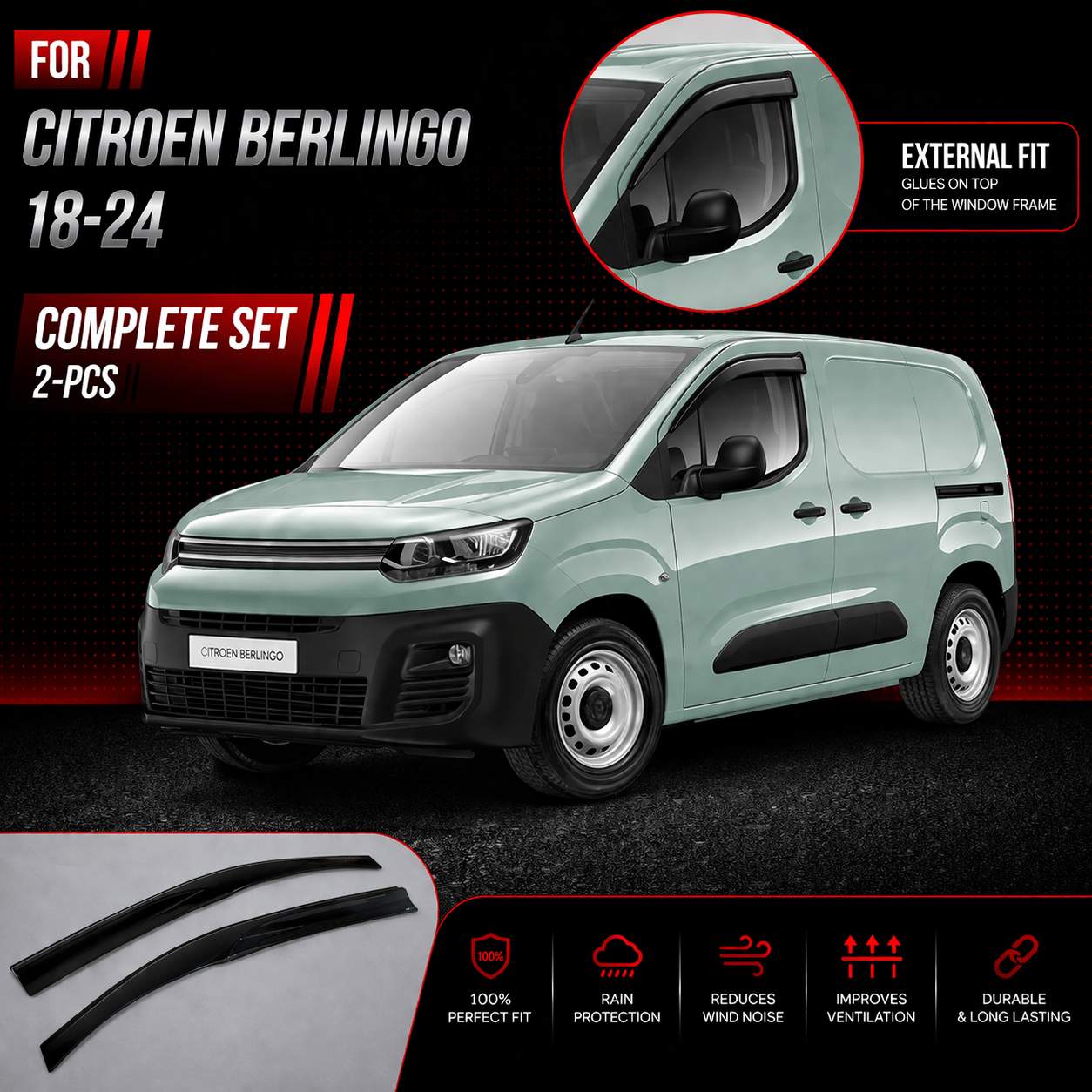 Image of Wind Deflectors For Berlingo 2018 – 2024, Air Deflectors, Rain Deflectors, Car Window Rain Guards, Adhesive Deflectors, 2-piece External Fit For Berlingo 2018 2019 2020 2021 2022 2023 2024