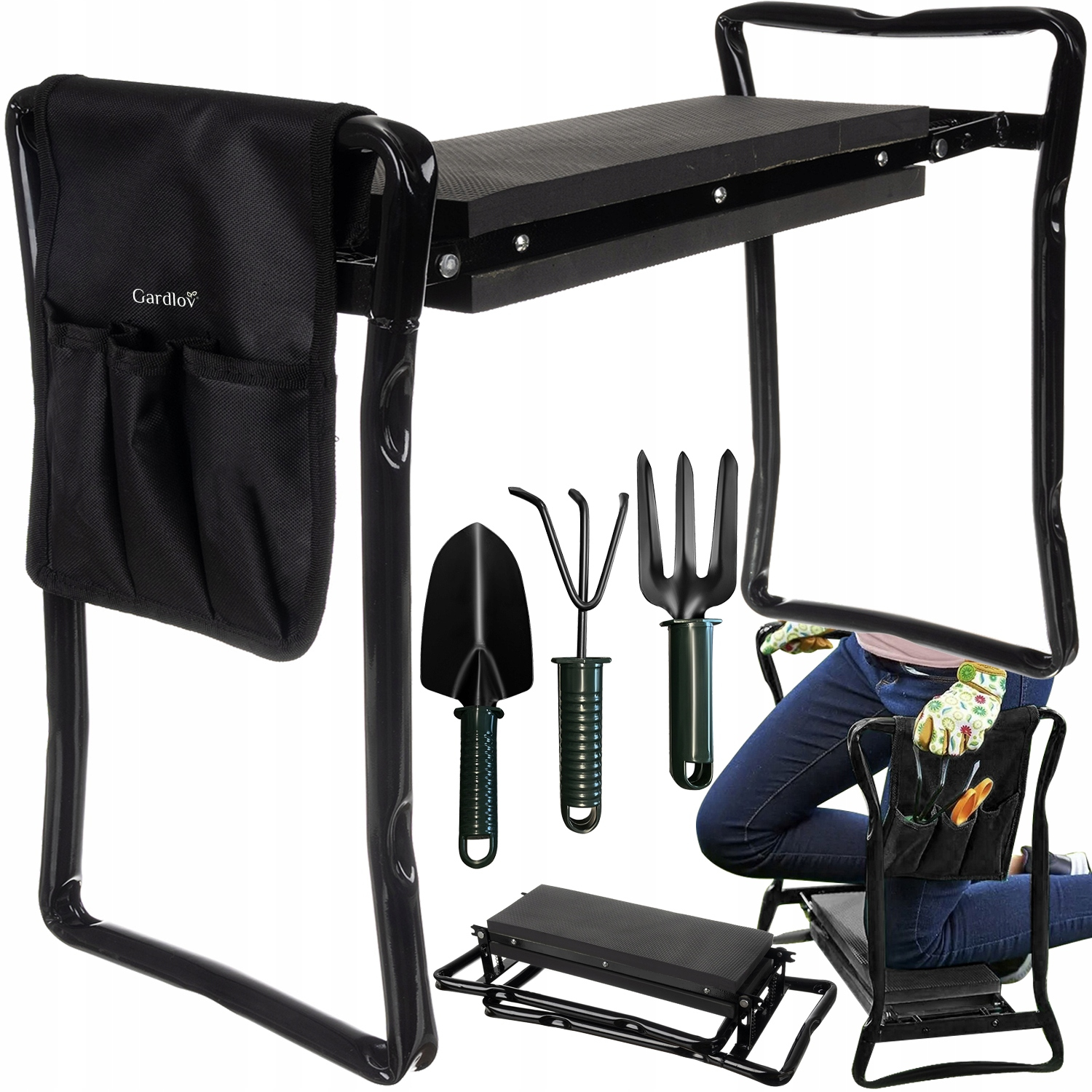 Garden Kneeler, Folding Stool, Comfortable Chair Stool 4-in-1, 1x Tool Holder + Free Tools X3