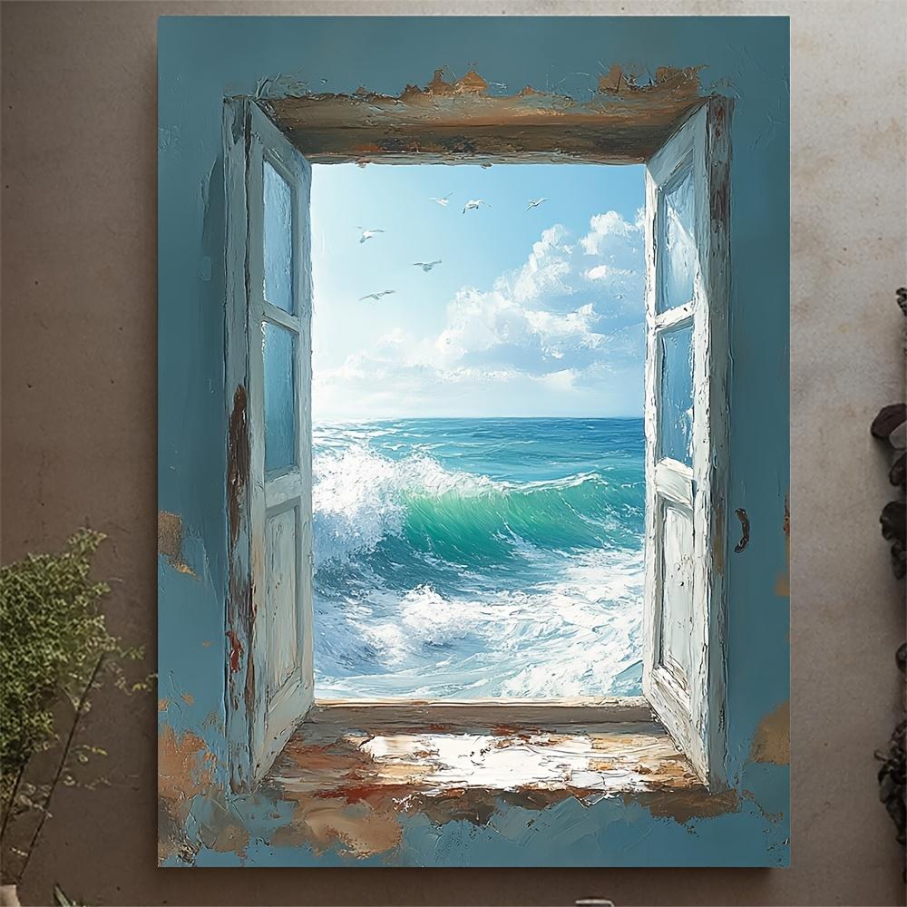 TEMU 2d Flat Painting, 2d Flat Painting Framed, Wave Window Painting Canvas Print, Landscape And Canvas Art Painting, Room Decoration, Home