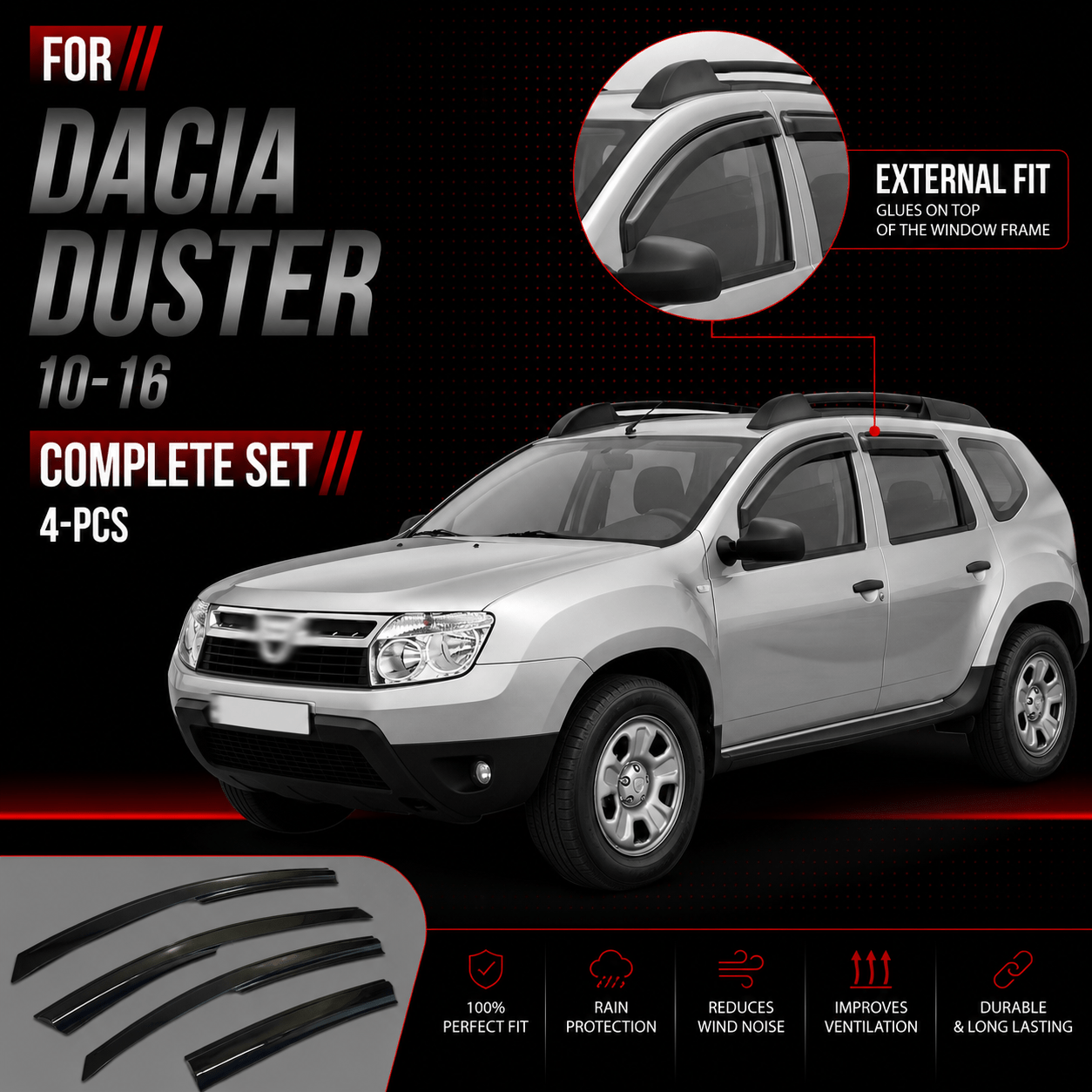 Image of Wind Deflectors For Duster 2010 – 2016, Air Deflectors, Rain Deflectors, Car Window Rain Guards, Adhesive Deflectors, 4 Pieces, External Fit For Duster 2010 2011 2012 2013 2014 2015 2016