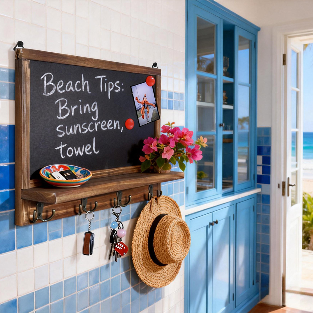 Image of Vintage Chalkboard Wood Key Holder, Wall-mounted Entryway Organizer With Hooks. Ideal For Tidying Keys, Notes, And Decor In , Living Rooms, Or Offices.