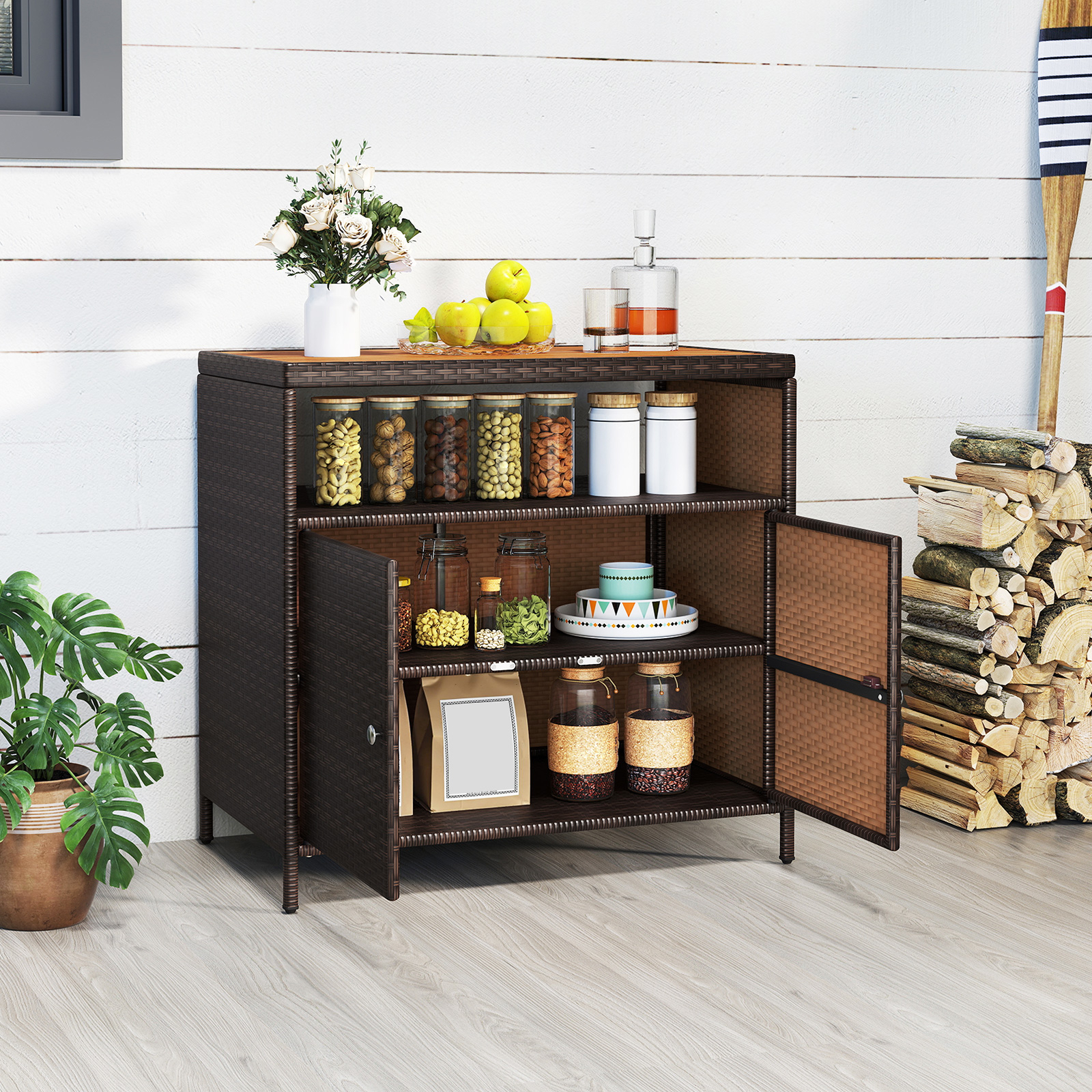 Image of Outdoor Wicker Storage Cabinet, Patio Rattan Sideboard With Acacia Wood Top, Open Shelf & 2-door Enclosed Cabinet, Garden Buffet Organizer For Tools And Cushions