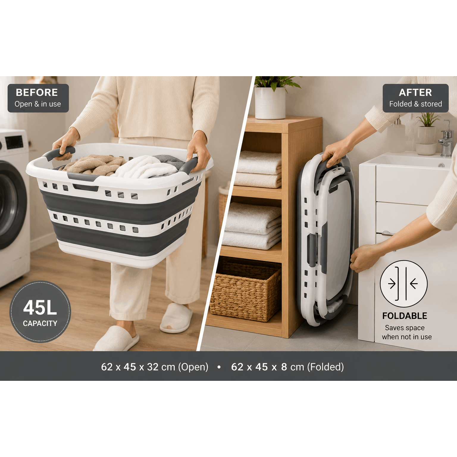 Laundry Basket 45l With Handles - Retractable Space- Gray And White