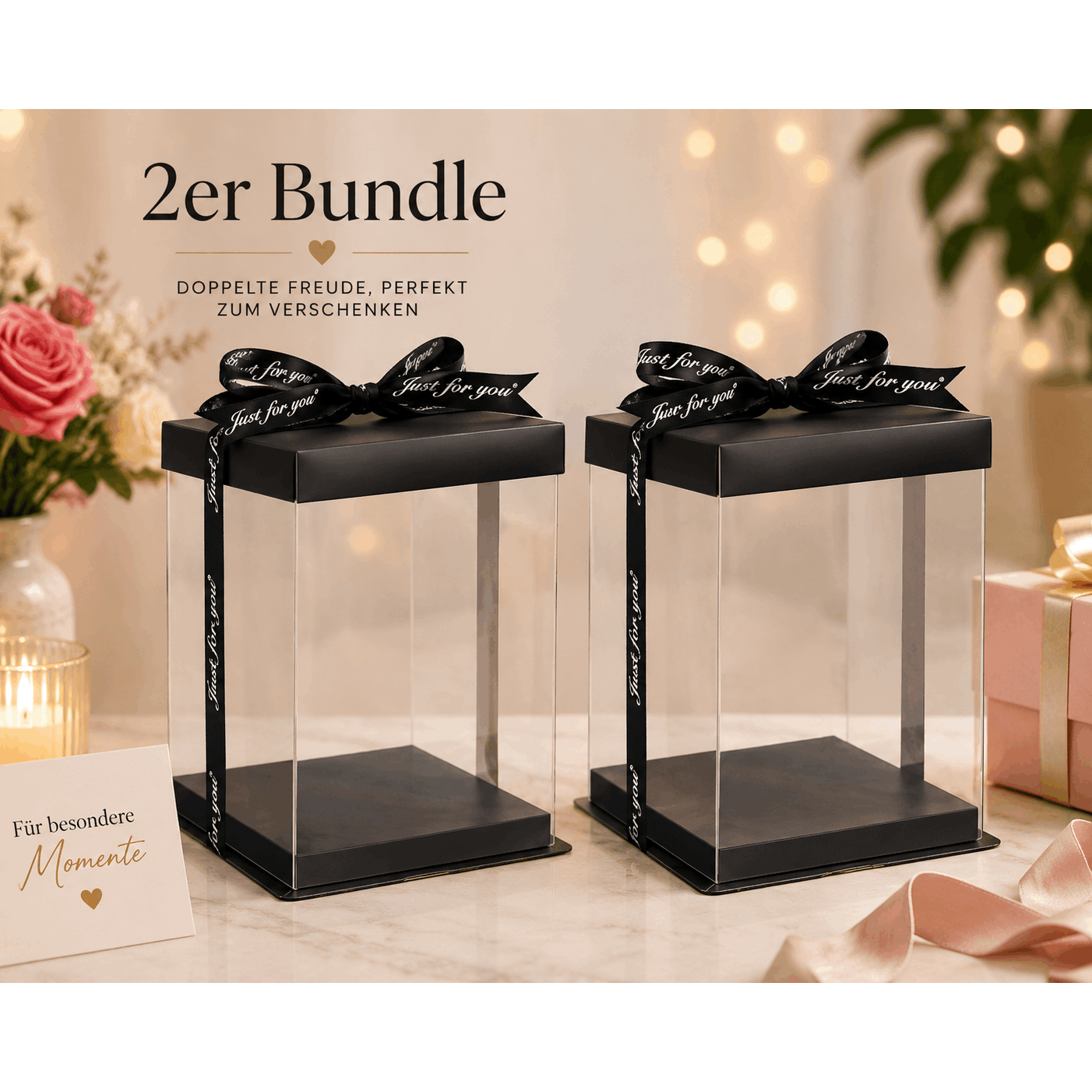 2x Gift Box For Rose Bear 25cm – Transparent Decorative Box With Ribbon For Flower Bear & Gifts