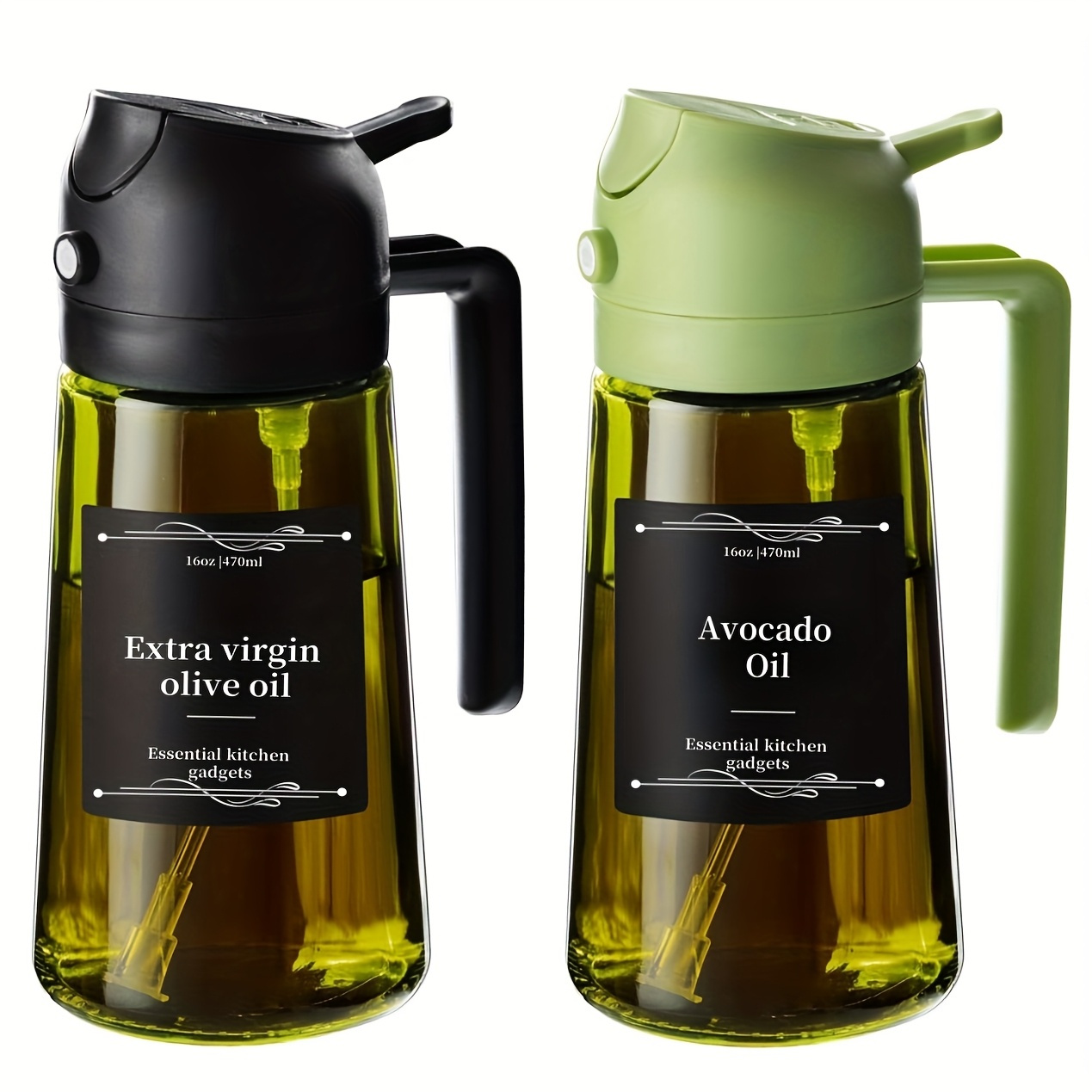 2 kitchen glass olive oil bottles with 6 stickers oil dispenser and cooking spray device 16oz premium dark green glass oil bottle perfect cooking tool for grilling camping and salads nozzle design for   suitable for cooking