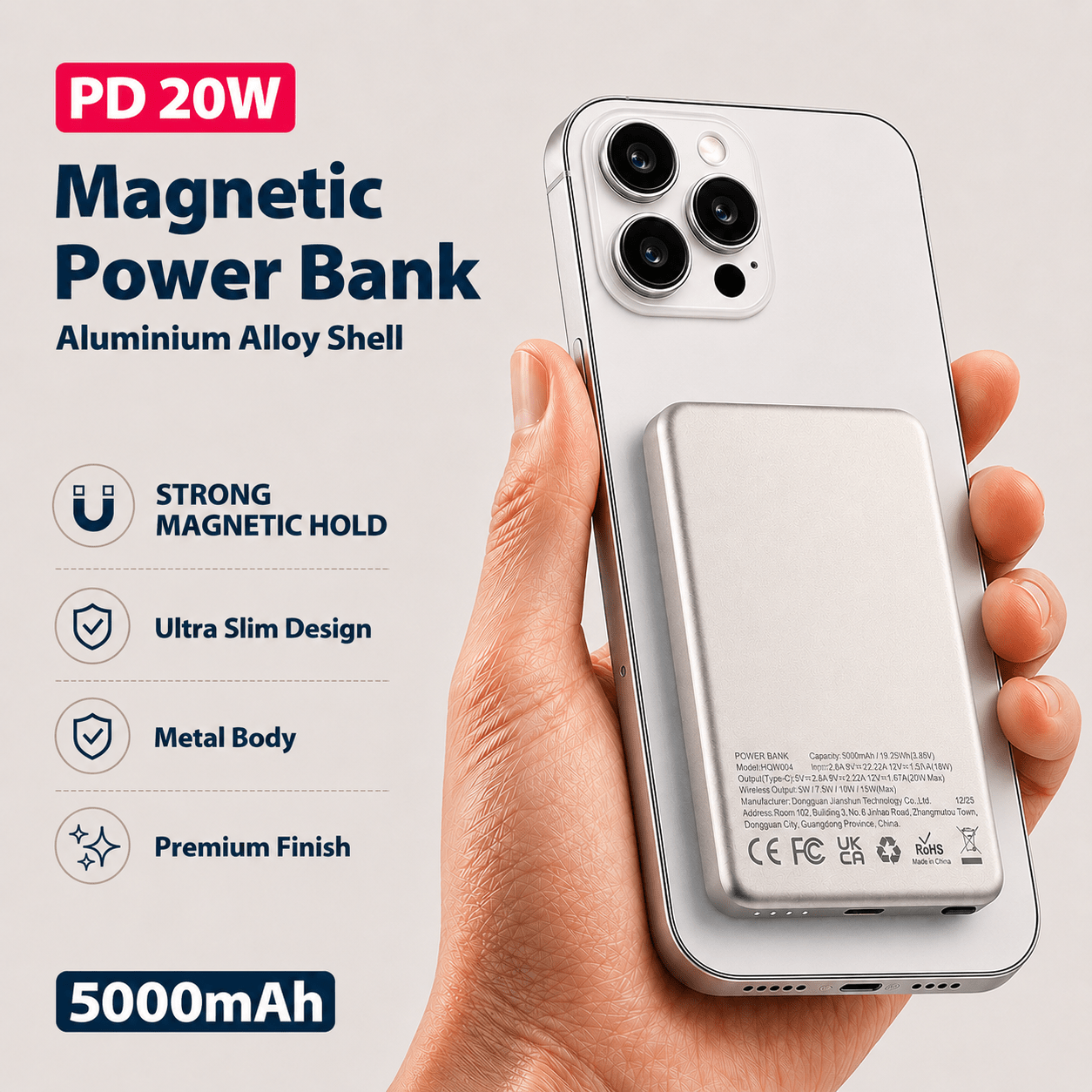 E-shop ENEGON 5000mAh Magnetische Kabellose Powerbank, 20W USB-C PD Schnelllade-Powerbank, Ultradünnes Akkupack mit starkem Magneten und LED-Display,