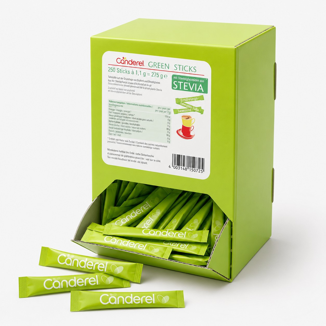 Image of Hellma Canderel Green Stevia Sticks - Calorie-free Sugar Substitute & Sweetener - Practical Portion Bags For Coffee And Tea - 250pcs À 1.1 G (275 G)