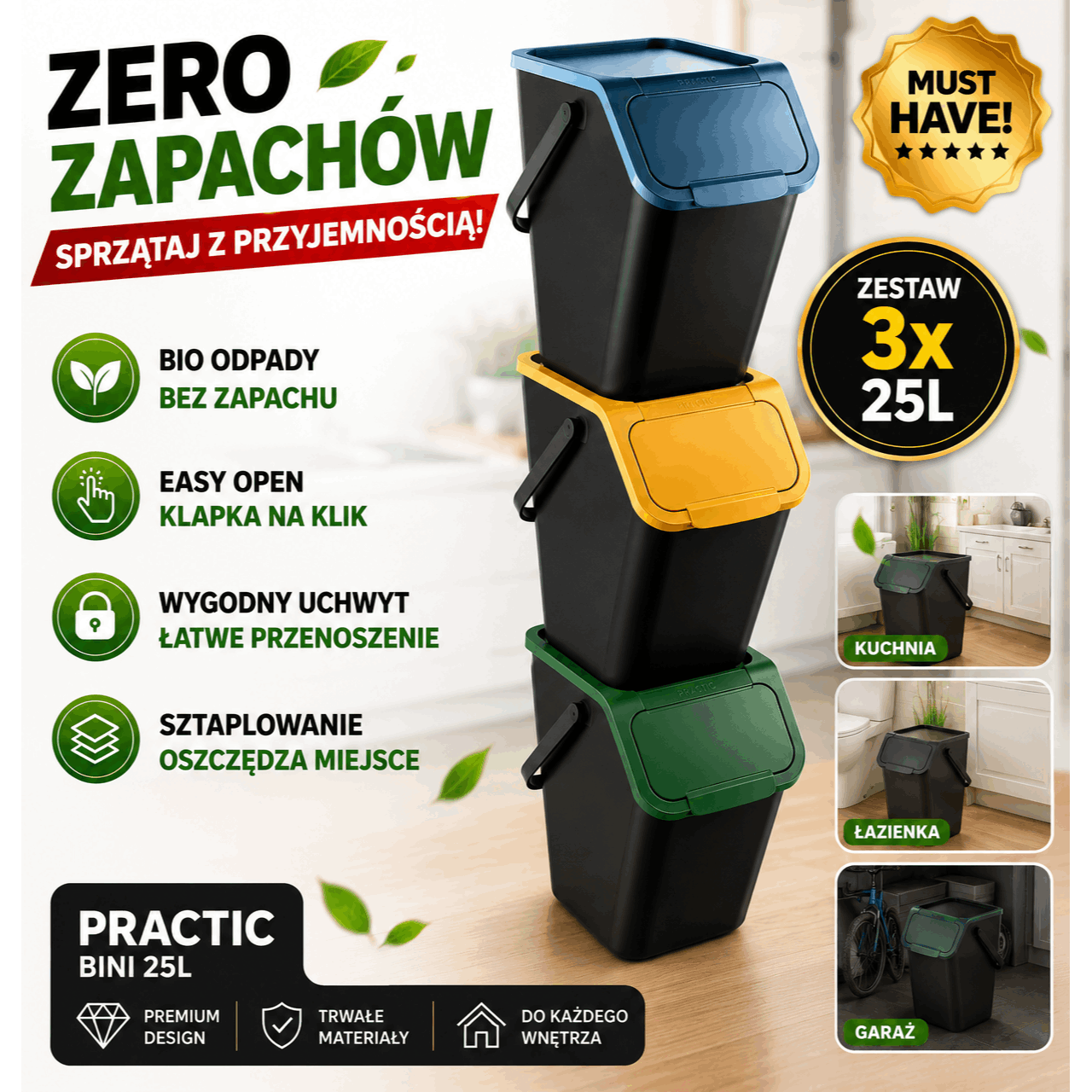 3pcs. Of 25l Trash Cans With Filters, Triple Segregation System Under The Sink, Anti-odor Kitchen Container, Modular And Durable, Polish Product
