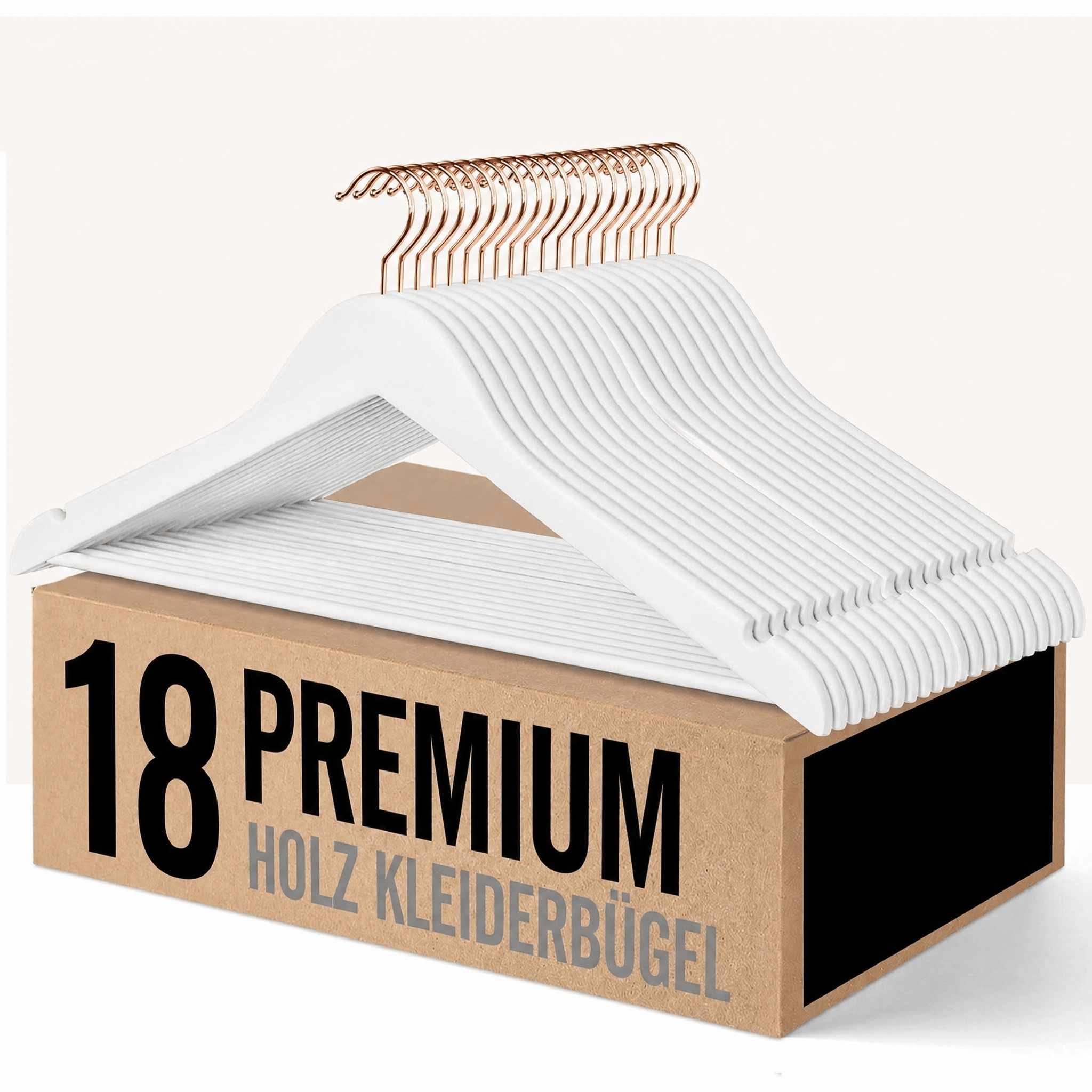 Image of Wooden Clothes Hangers, Set Of 18, White Suit Hangers With Hooks In Rose Gold, Non-slip, Notched Shoulder Design