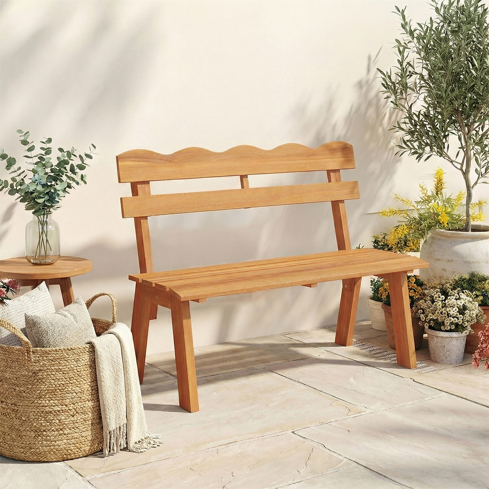 Image of Outdoor Acacia Wood Garden Bench With 800 Lbs Weight Capacity, 2-person Patio Bench Furniture With Backrest And Slatted Seat, Outside Loveseat Seating For Front Porch, Balcony, Backyard And Park