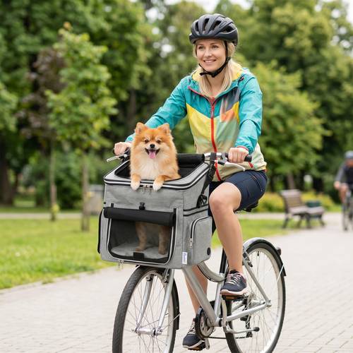 koszyk rowerowy przedni dla psa, przenośny oddychający koszyk rowerowy dla psa z bezpieczną smyczą, miękką poduszką, drzwiczkami z siatki, miseczką, koszyk na kierownicę rowerową dla małych psów i kotów do 5 kg, jasnoszary